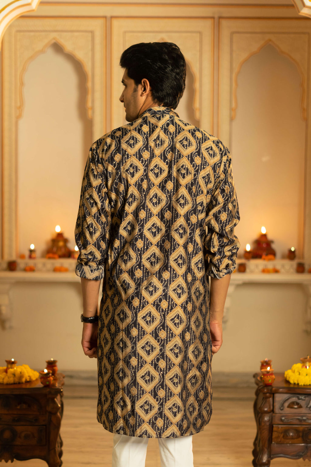 The Navy Blue And Brown Geometric Print Long Kurta
