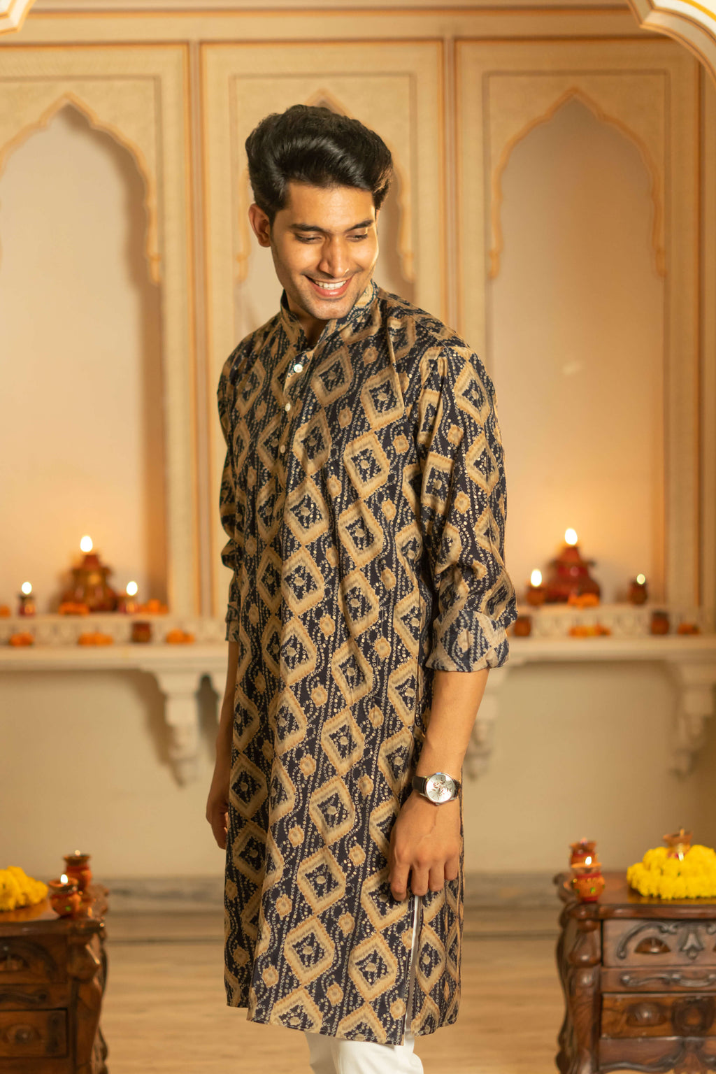 The Navy Blue And Brown Geometric Print Long Kurta