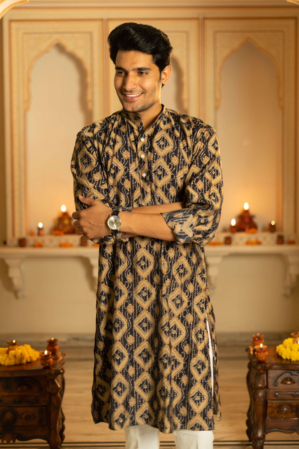 The Navy Blue And Brown Geometric Print Long Kurta