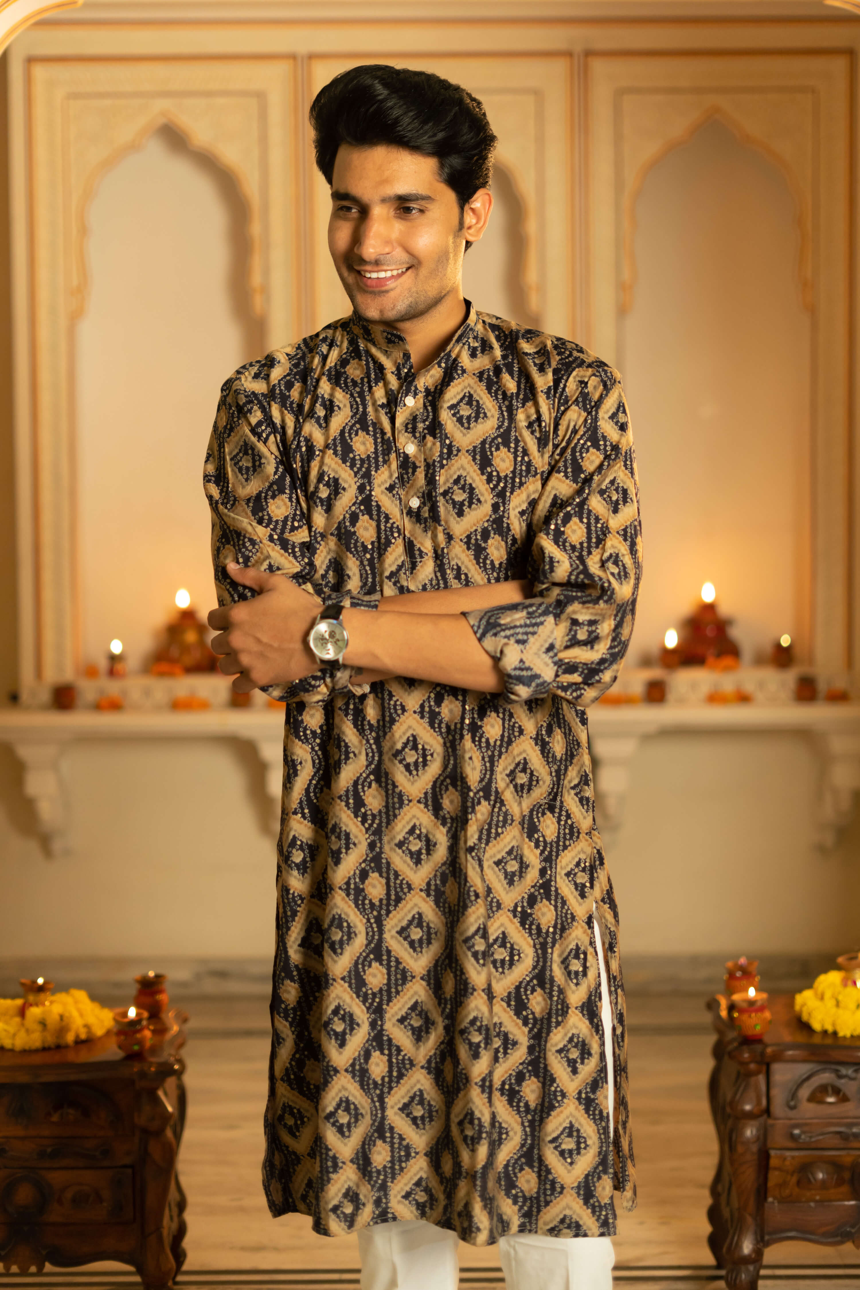 The Navy Blue And Brown Geometric Print Long Kurta