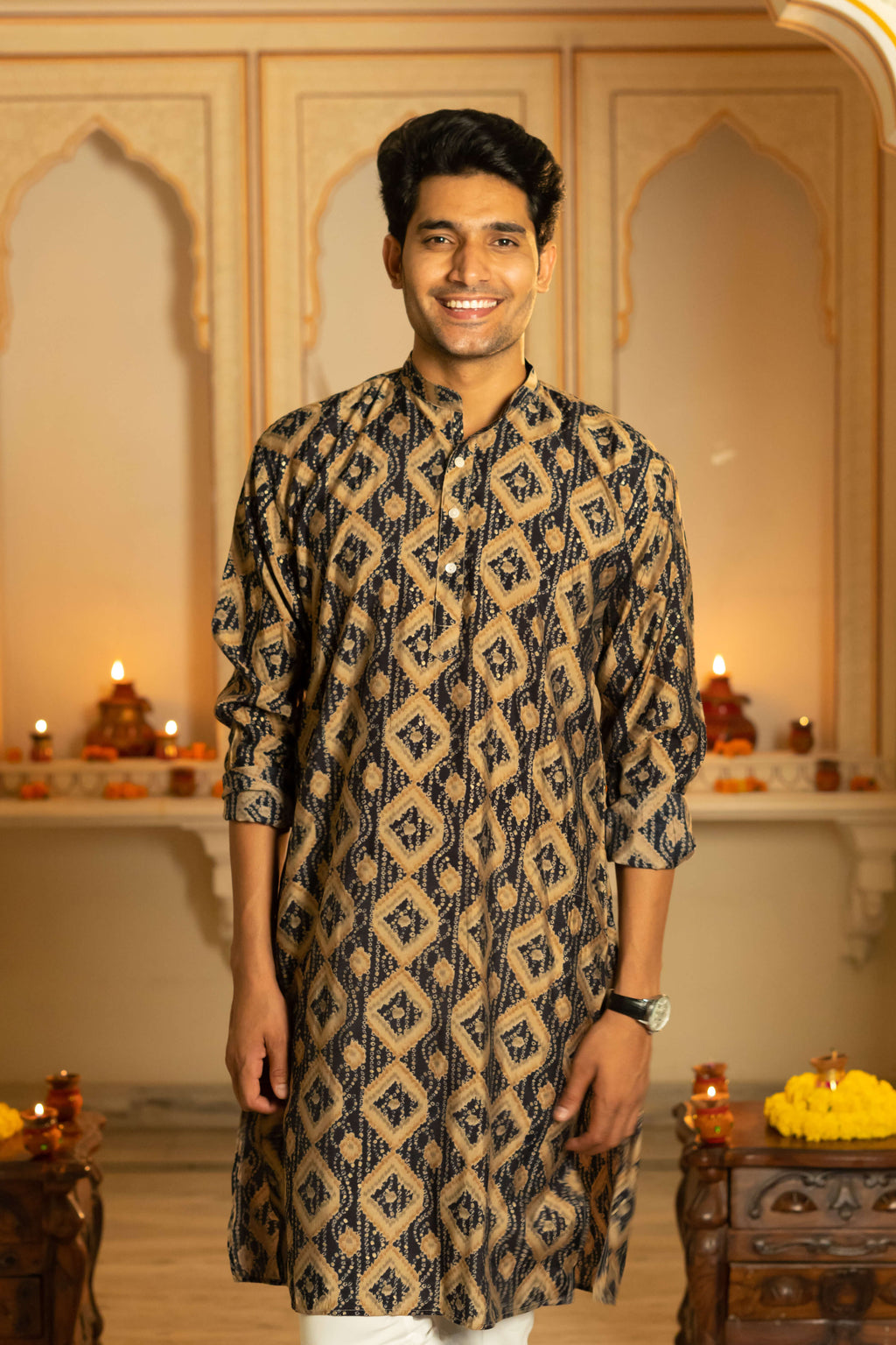 The Navy Blue And Brown Geometric Print Long Kurta