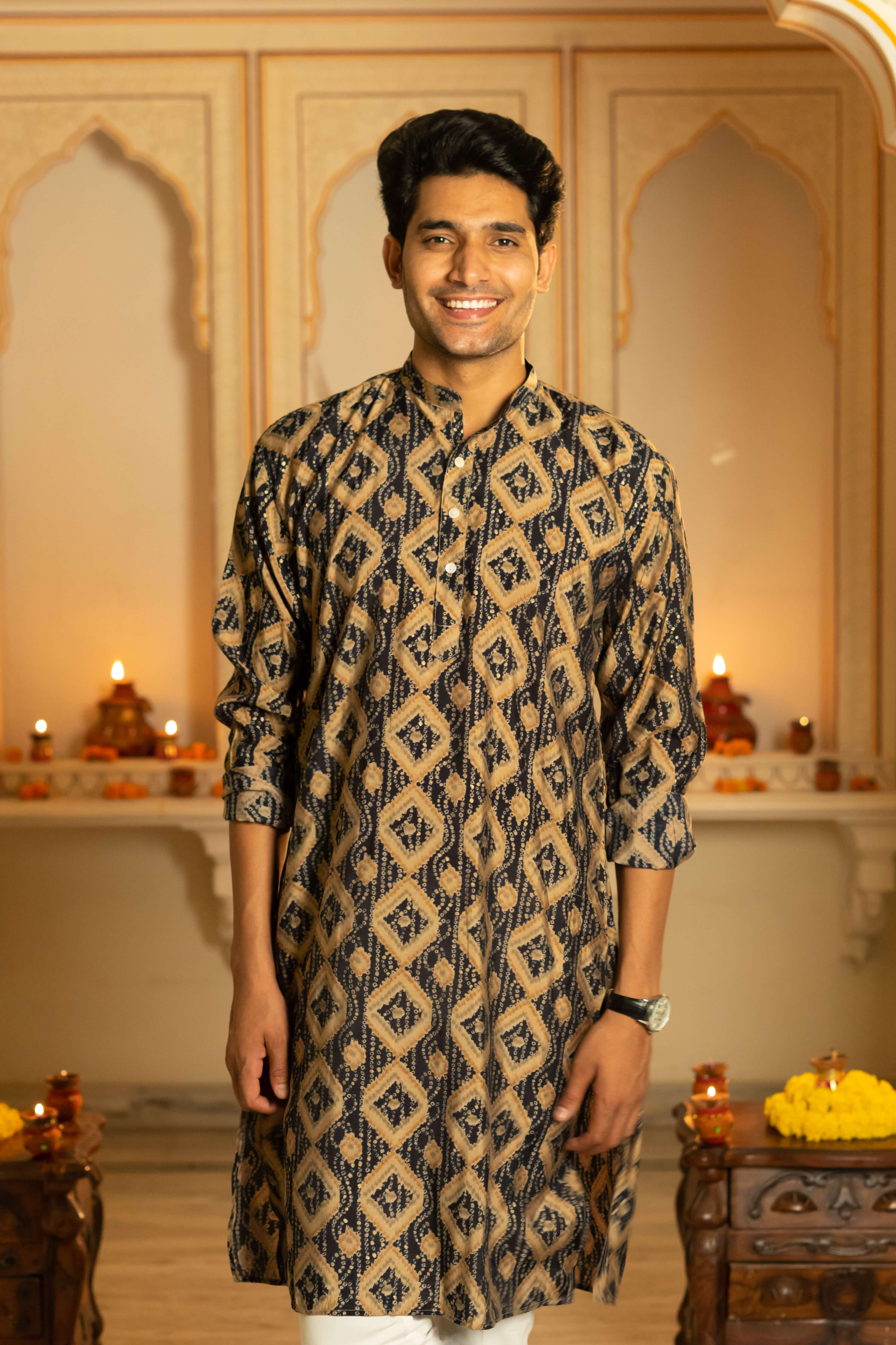 The Navy Blue And Brown Geometric Print Long Kurta