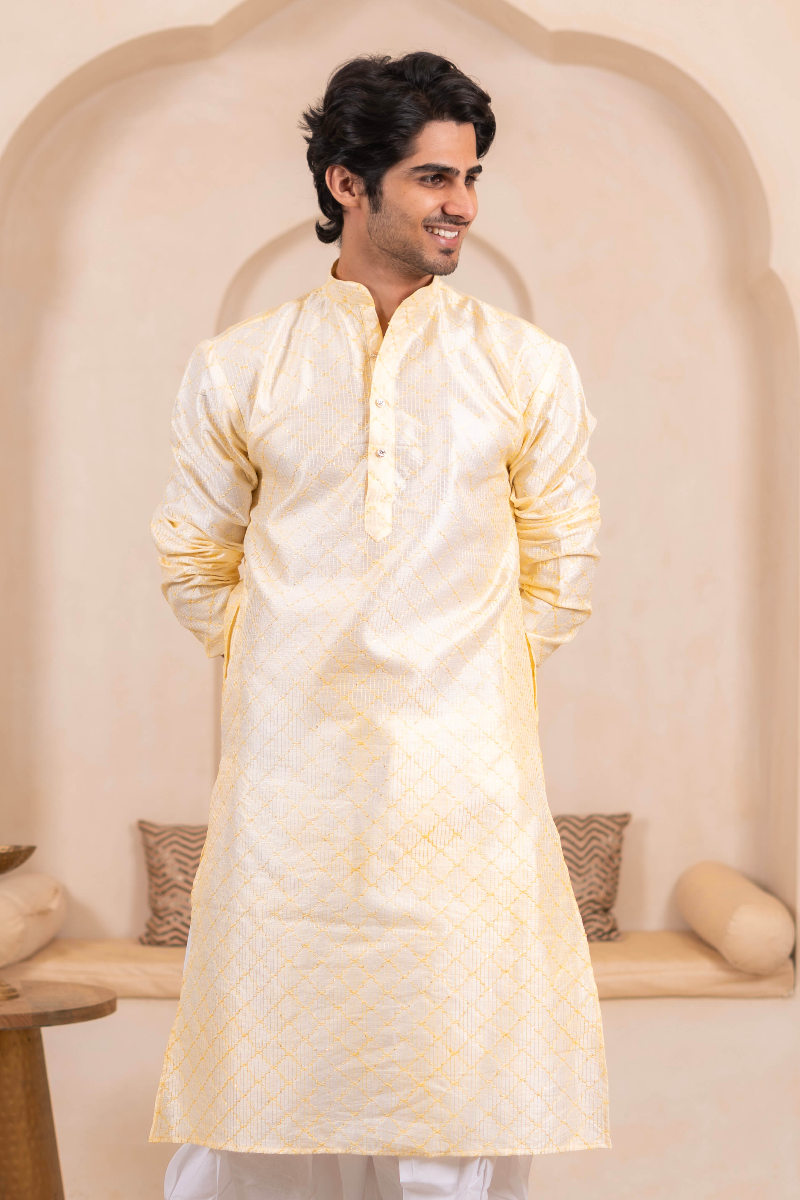 The Off White Geometric Thread Long Kurta