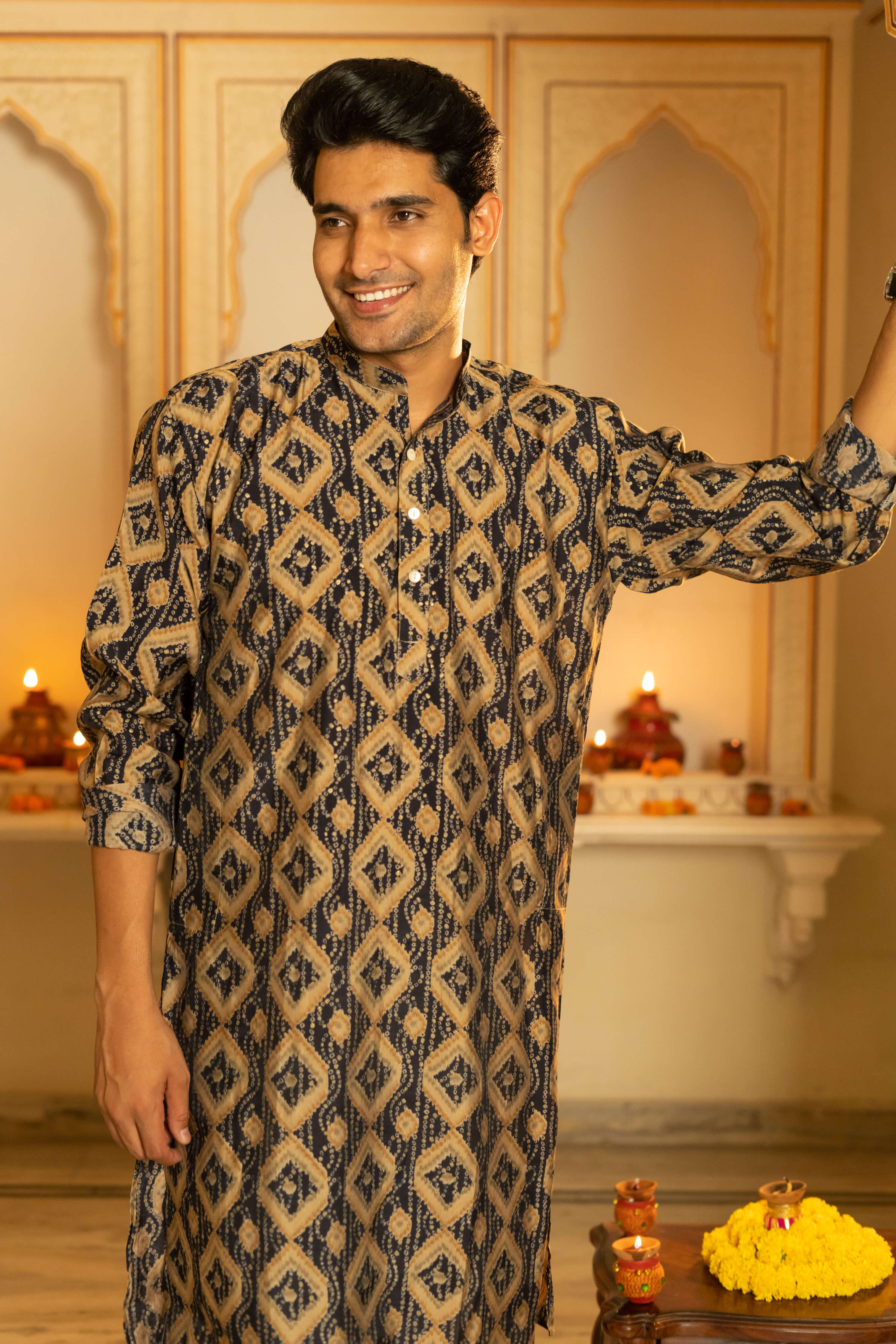 The Navy Blue And Brown Geometric Print Long Kurta