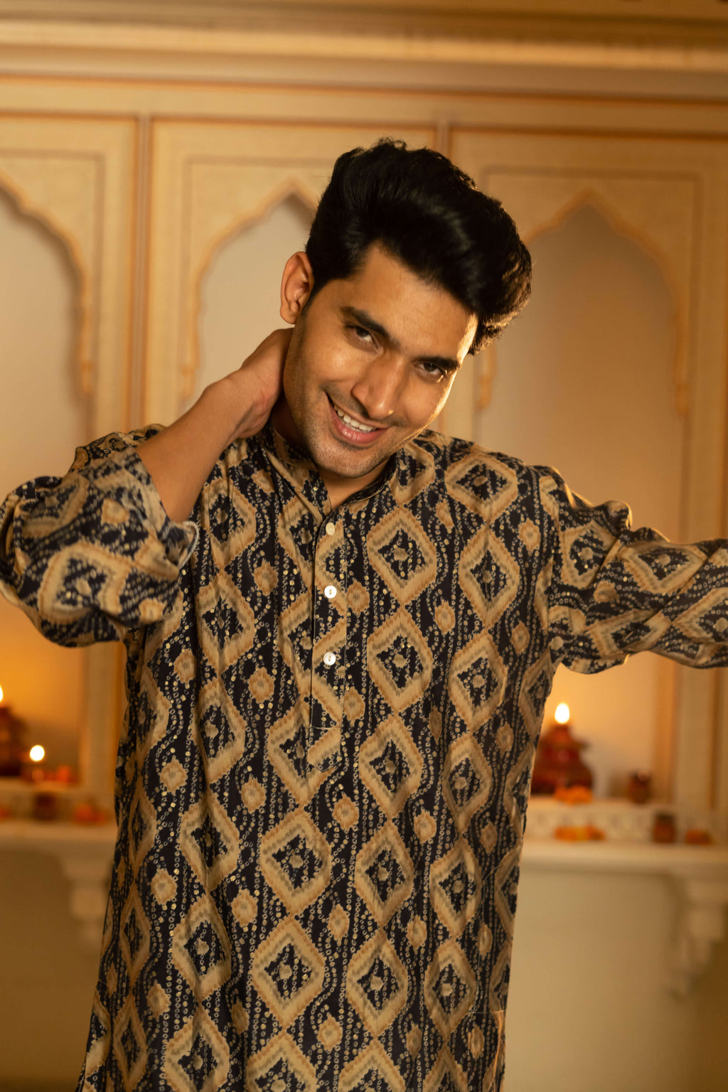 The Navy Blue And Brown Geometric Print Long Kurta
