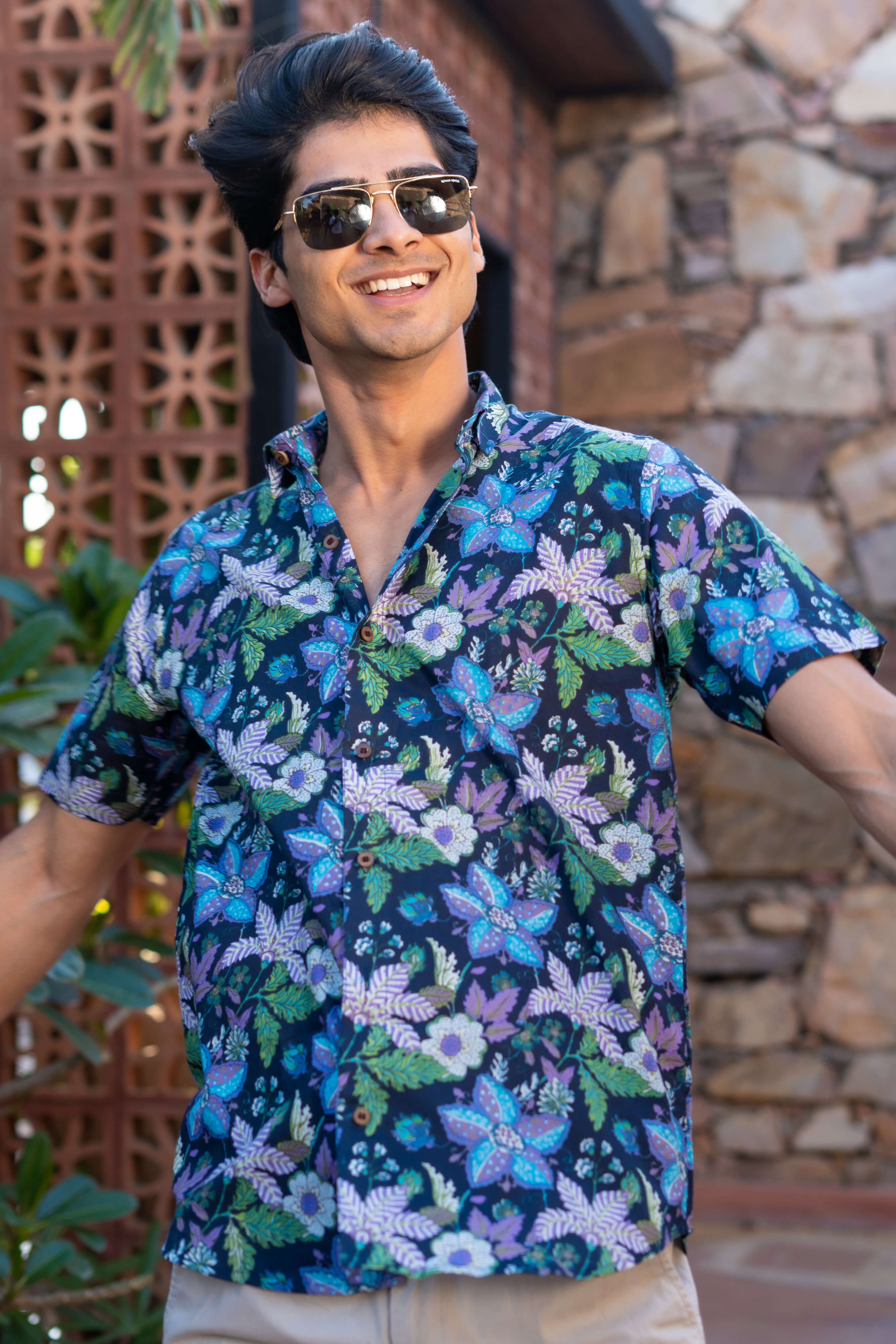 The Navy Blue Half Sleeves Shirt With Floral Beach Print