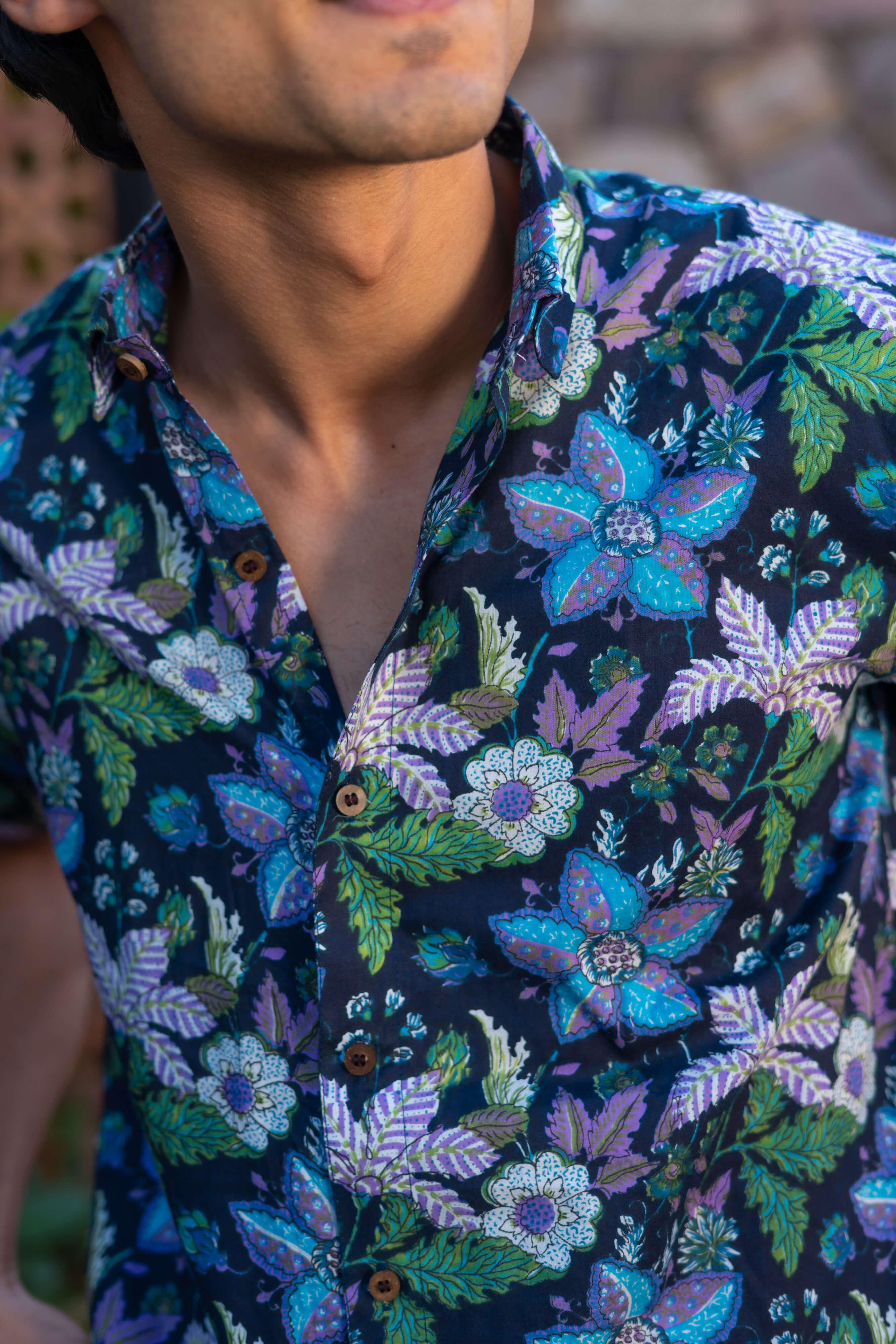 The Navy Blue Half Sleeves Shirt With Floral Beach Print