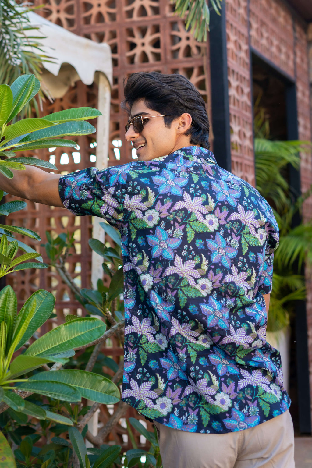 The Navy Blue Half Sleeves Shirt With Floral Beach Print