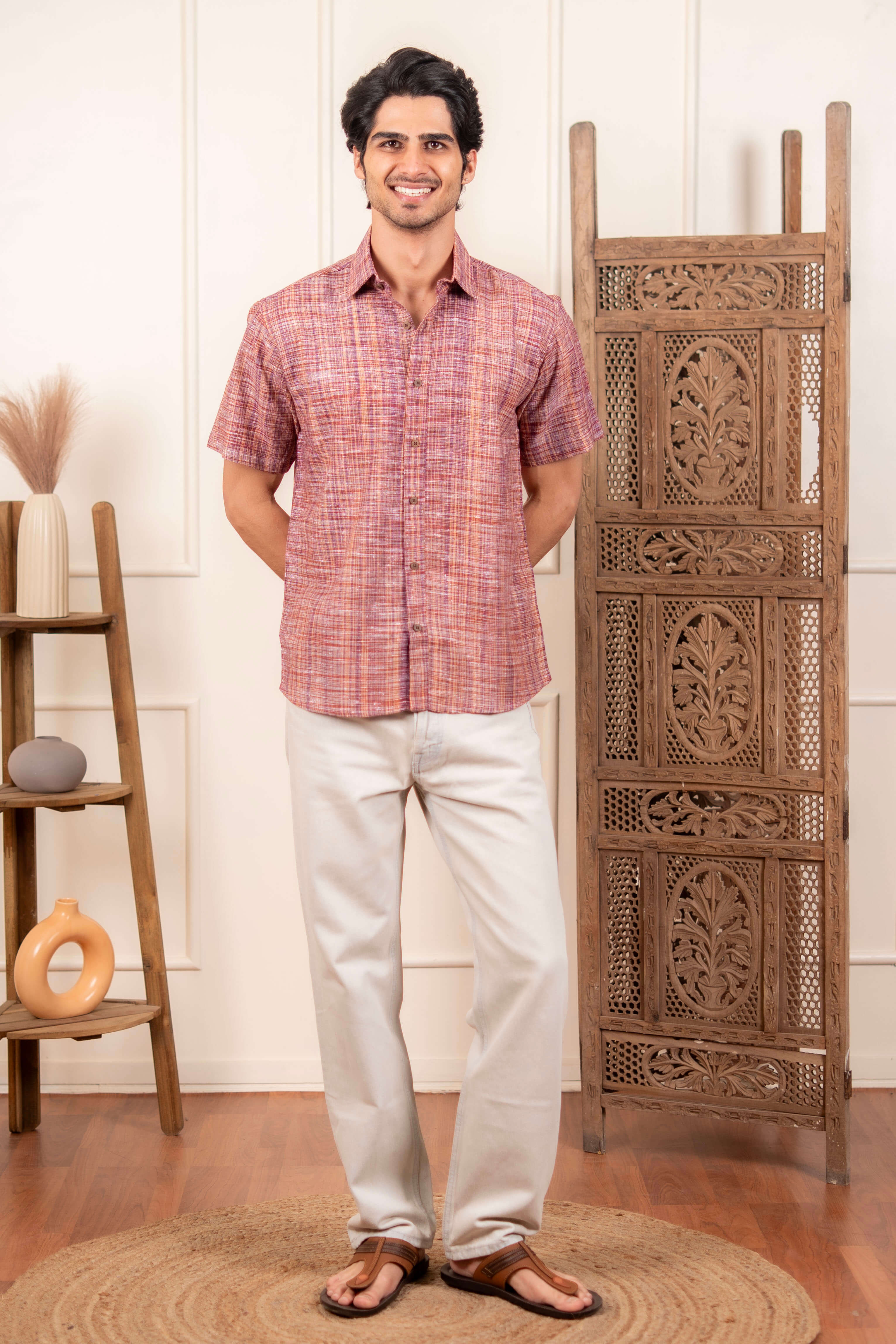 The Rustic Handwoven Half Sleeves Shirt in Reddish Grey and Light Brown Color