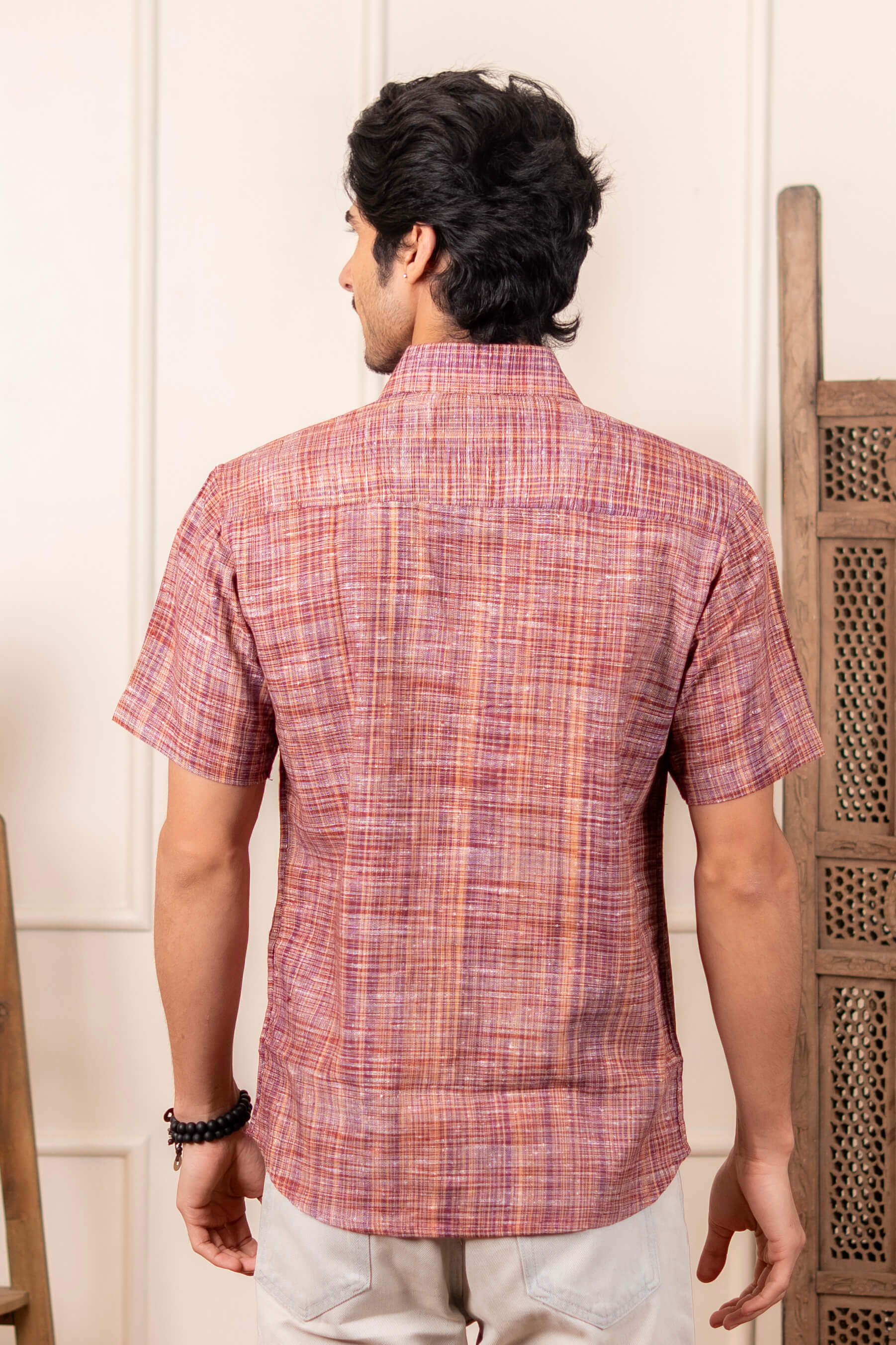The Rustic Handwoven Half Sleeves Shirt in Reddish Grey and Light Brown Color
