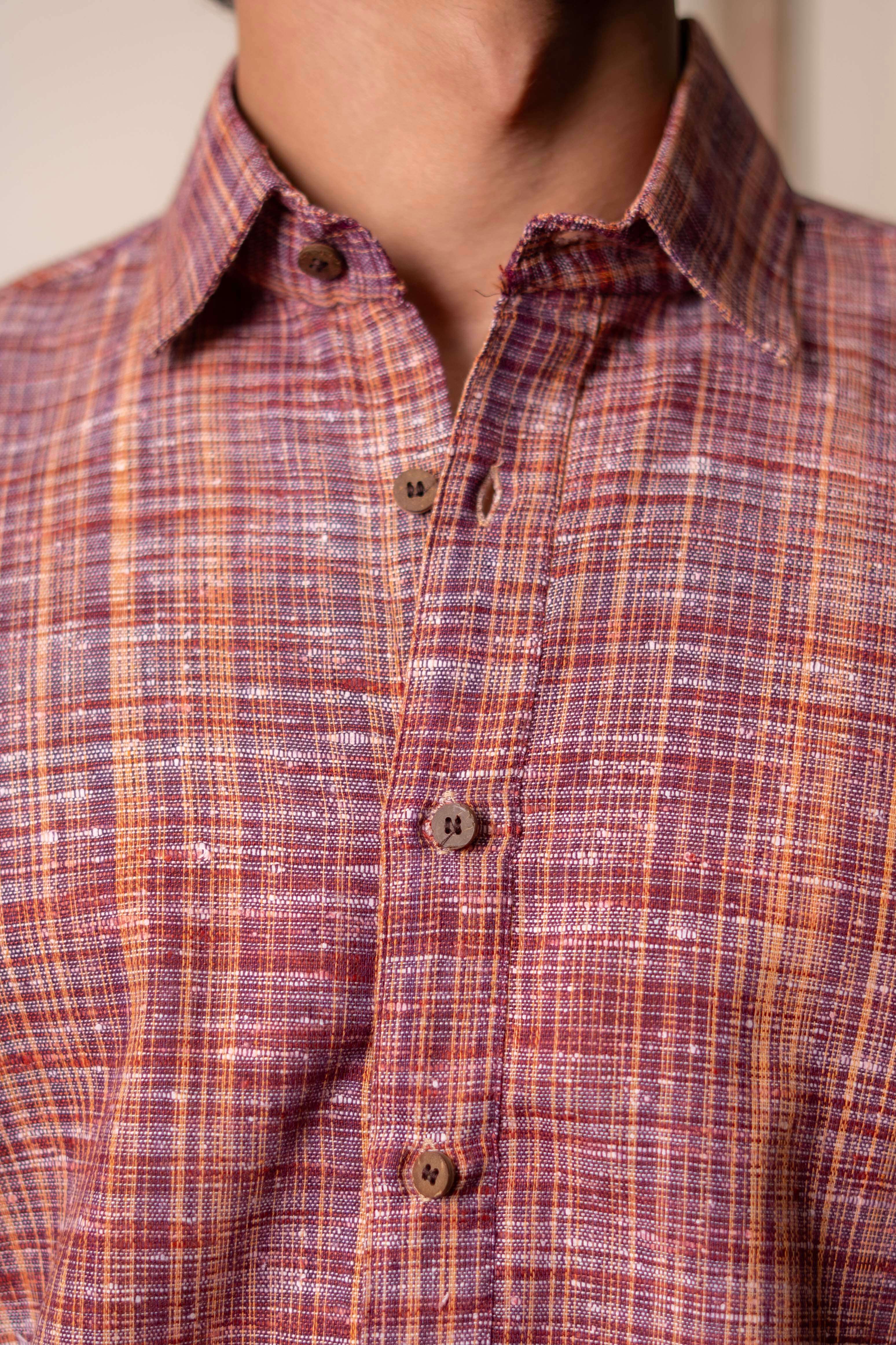 The Rustic Handwoven Half Sleeves Shirt in Reddish Grey and Light Brown Color