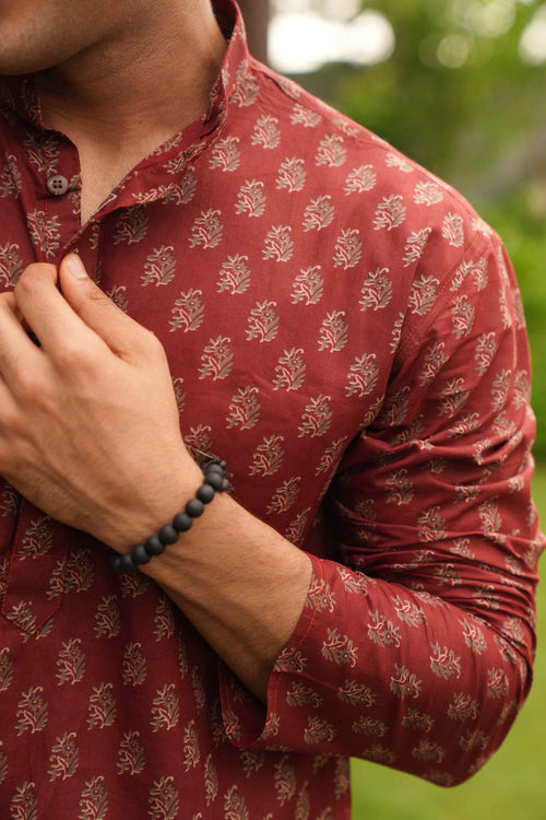 The Autumn Red Butti Print Short Kurta