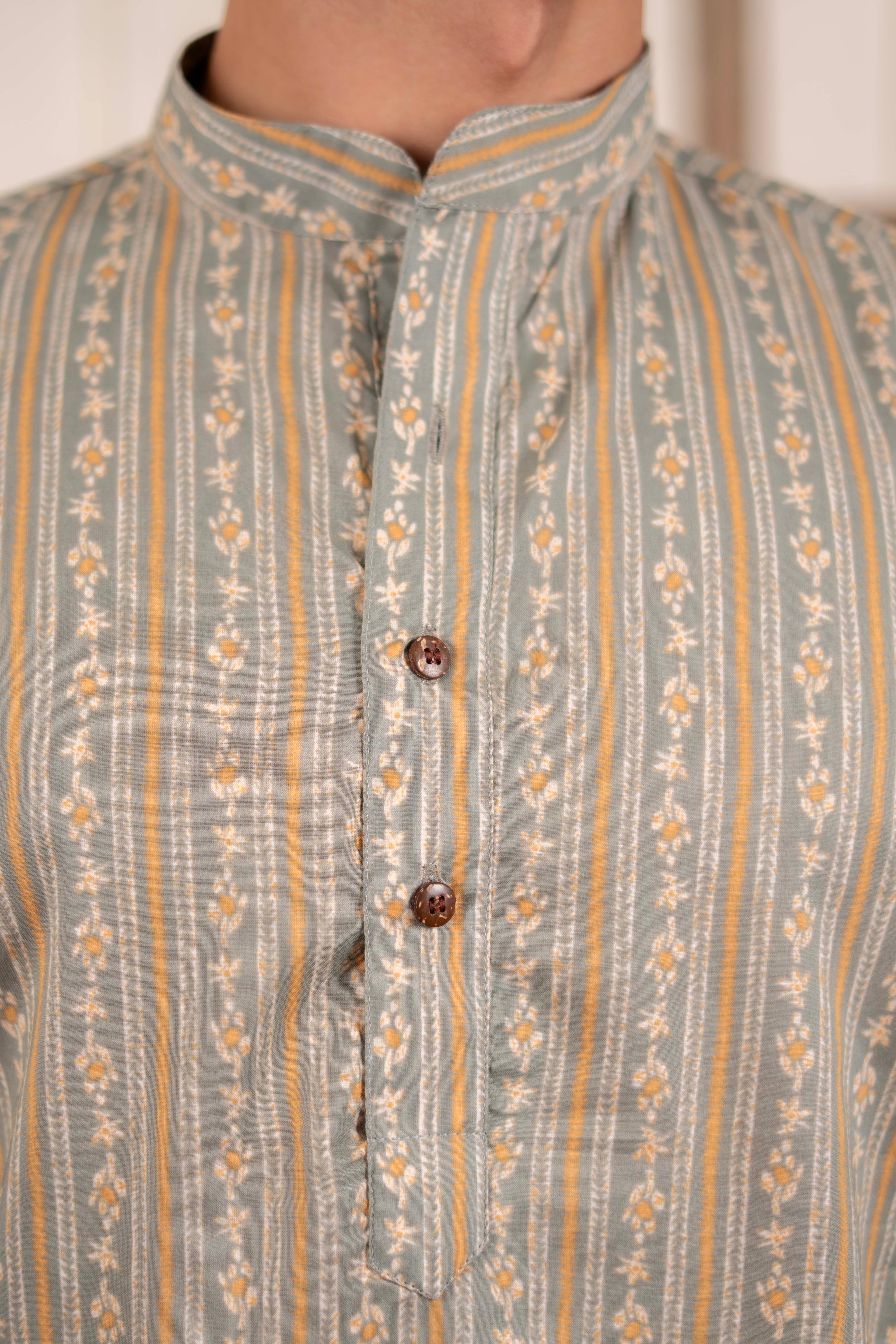 The Winter Green Floral Striped Short Kurta