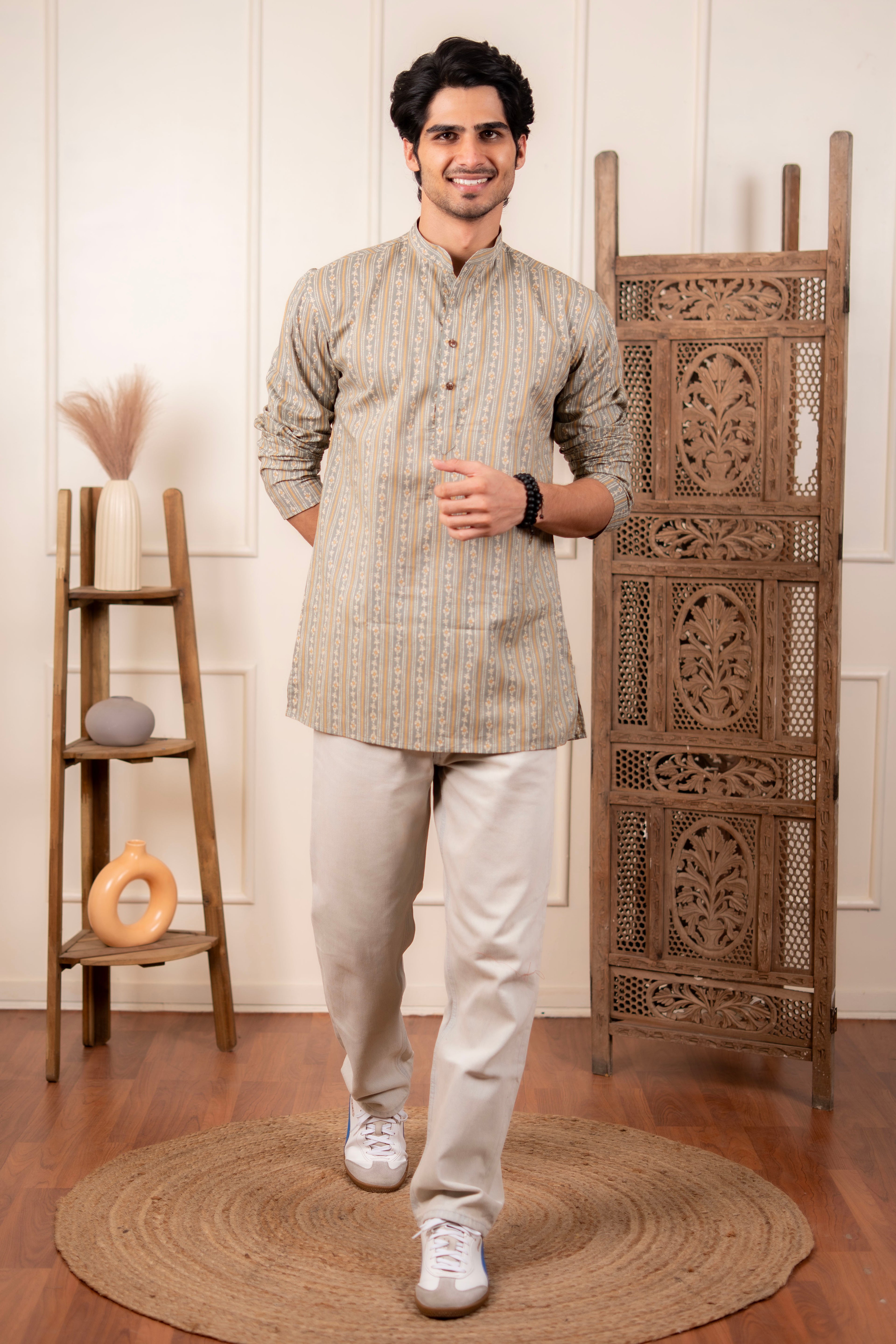 The Winter Green Floral Striped Short Kurta