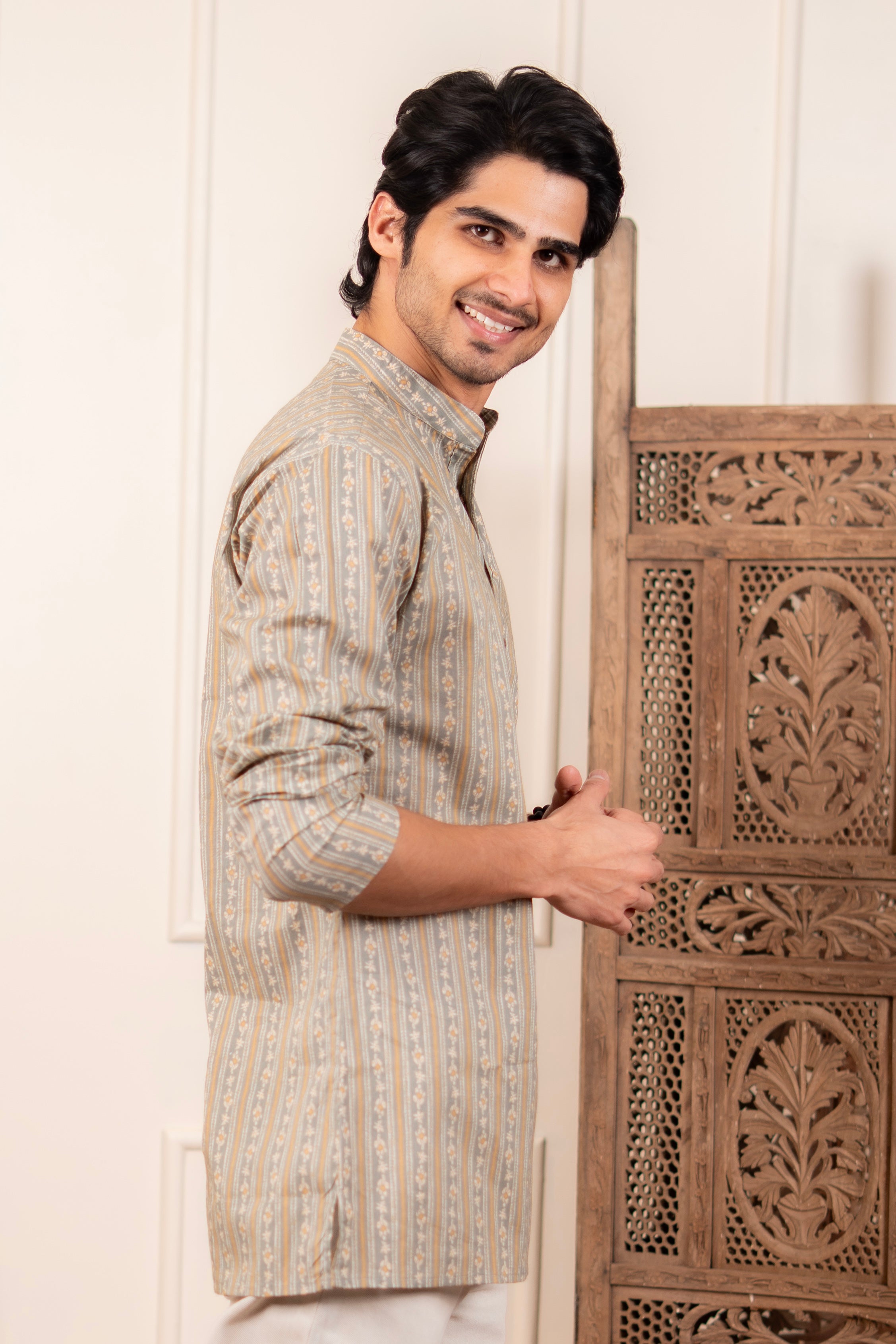 The Winter Green Floral Striped Short Kurta