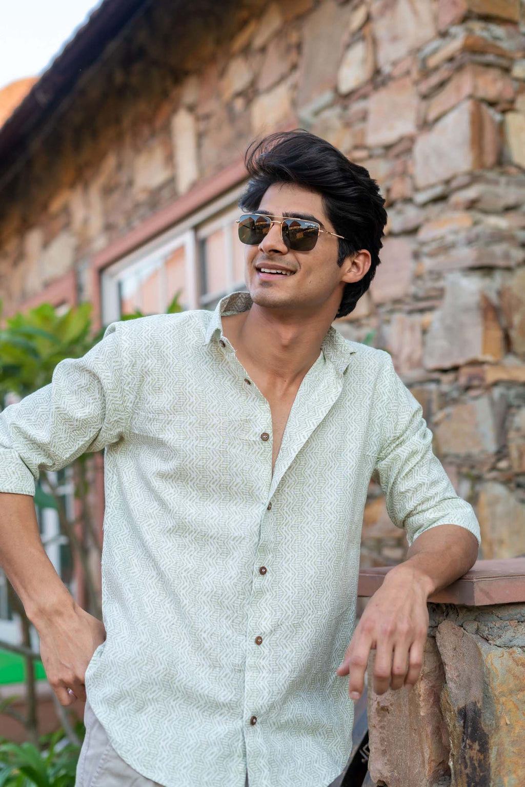 The White Kantha Work Shirt With Pastel Green Tribal Print