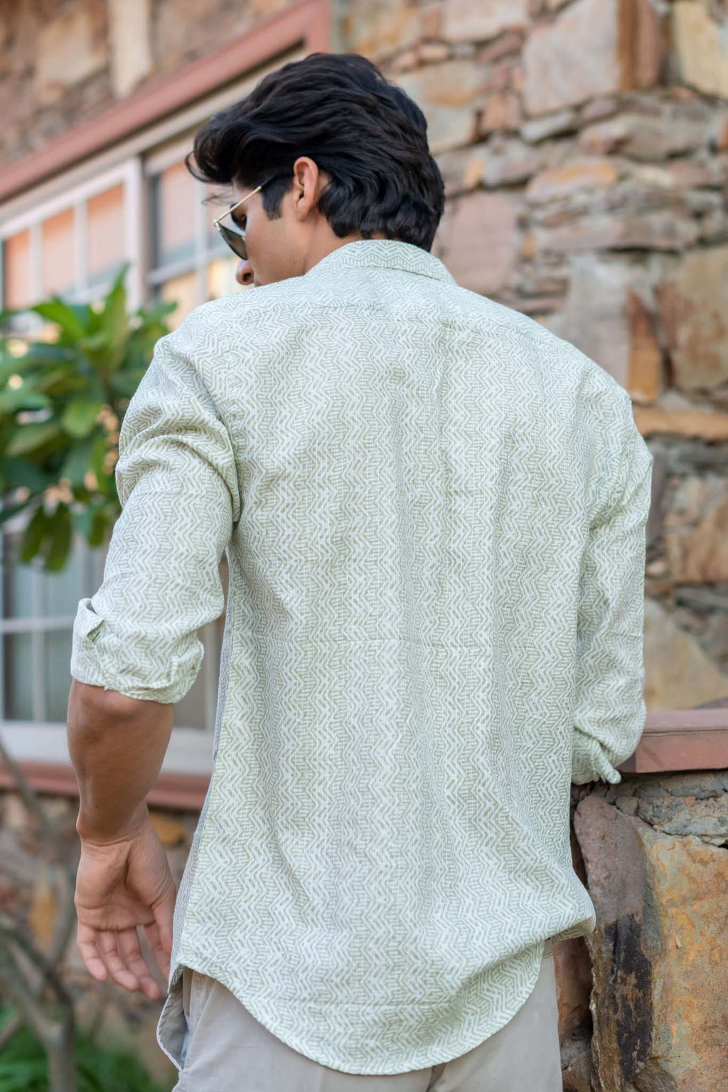 The White Kantha Work Shirt With Pastel Green Tribal Print