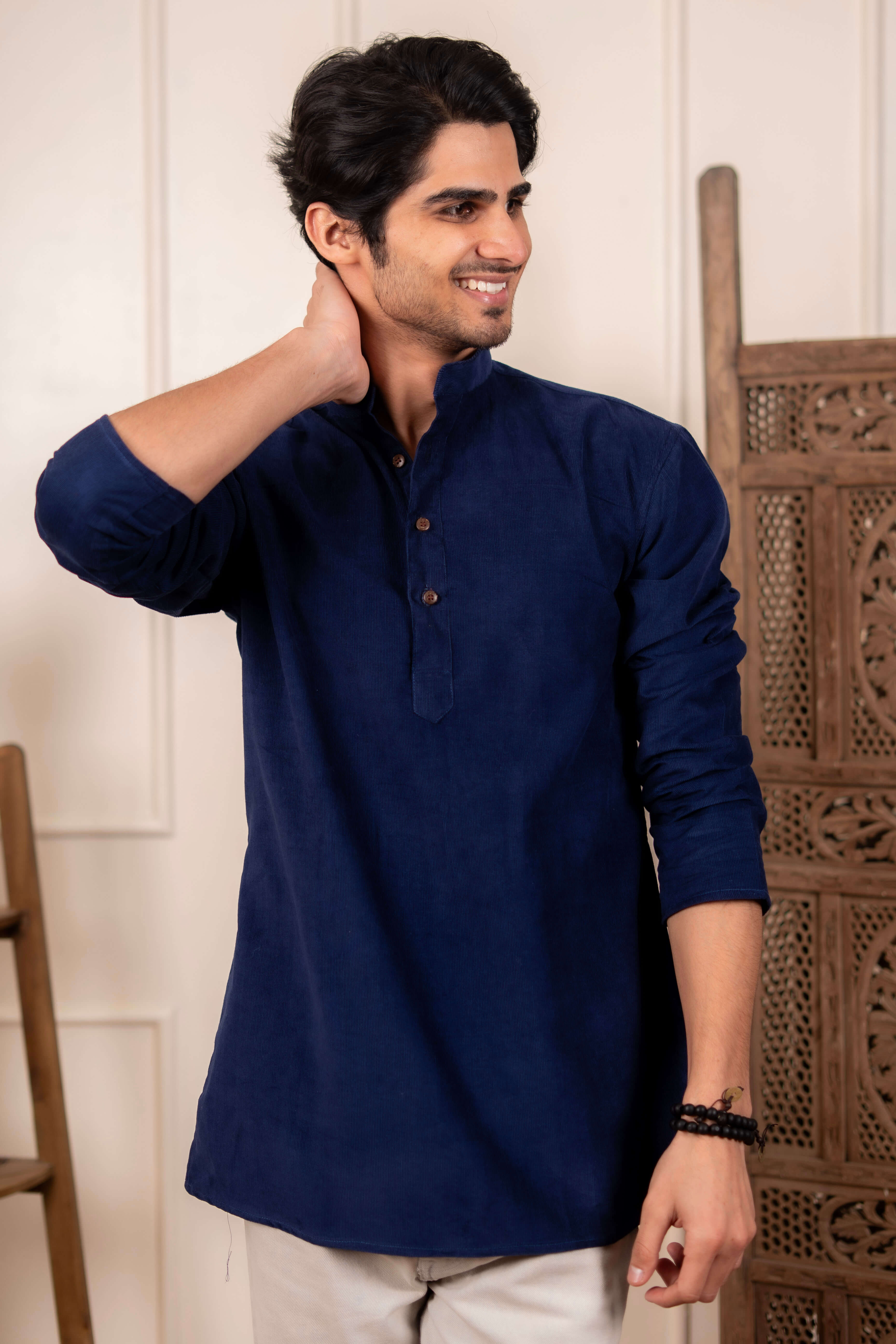 The Sapphire Blue Corduroy Short Kurta for Men