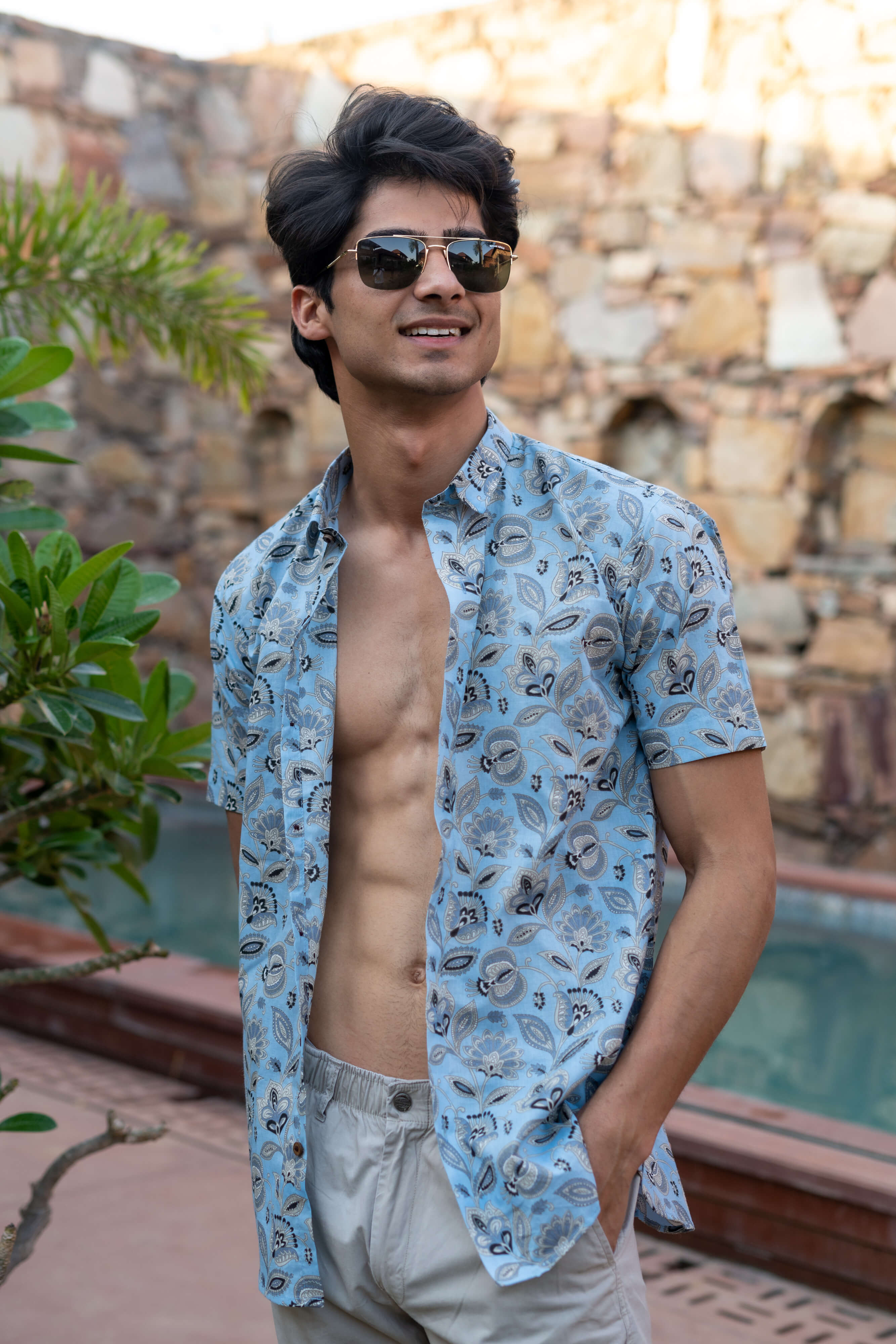 The Sky Blue Half Sleeves Shirt With All-Over Floral Print