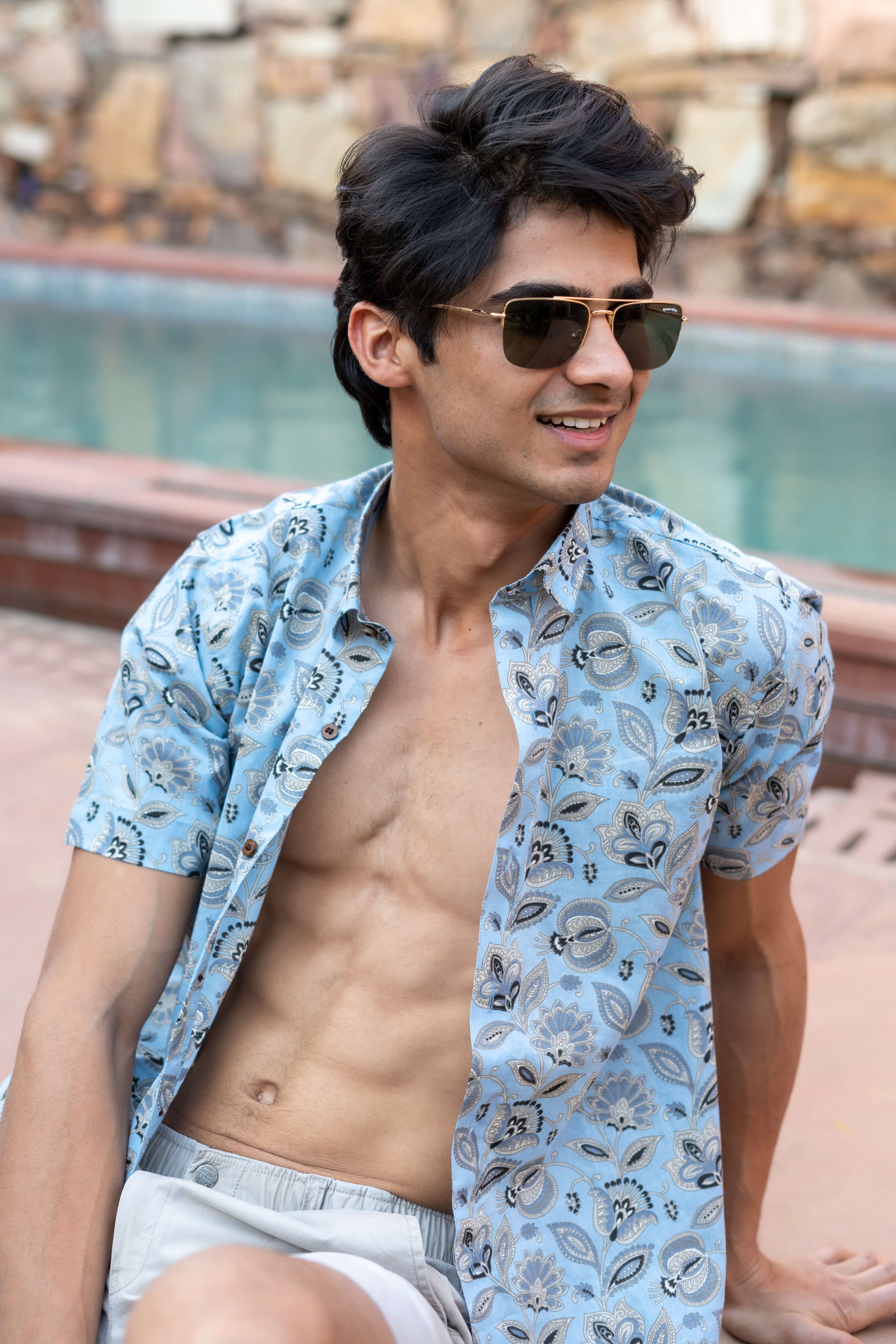 The Sky Blue Half Sleeves Shirt With All-Over Floral Print