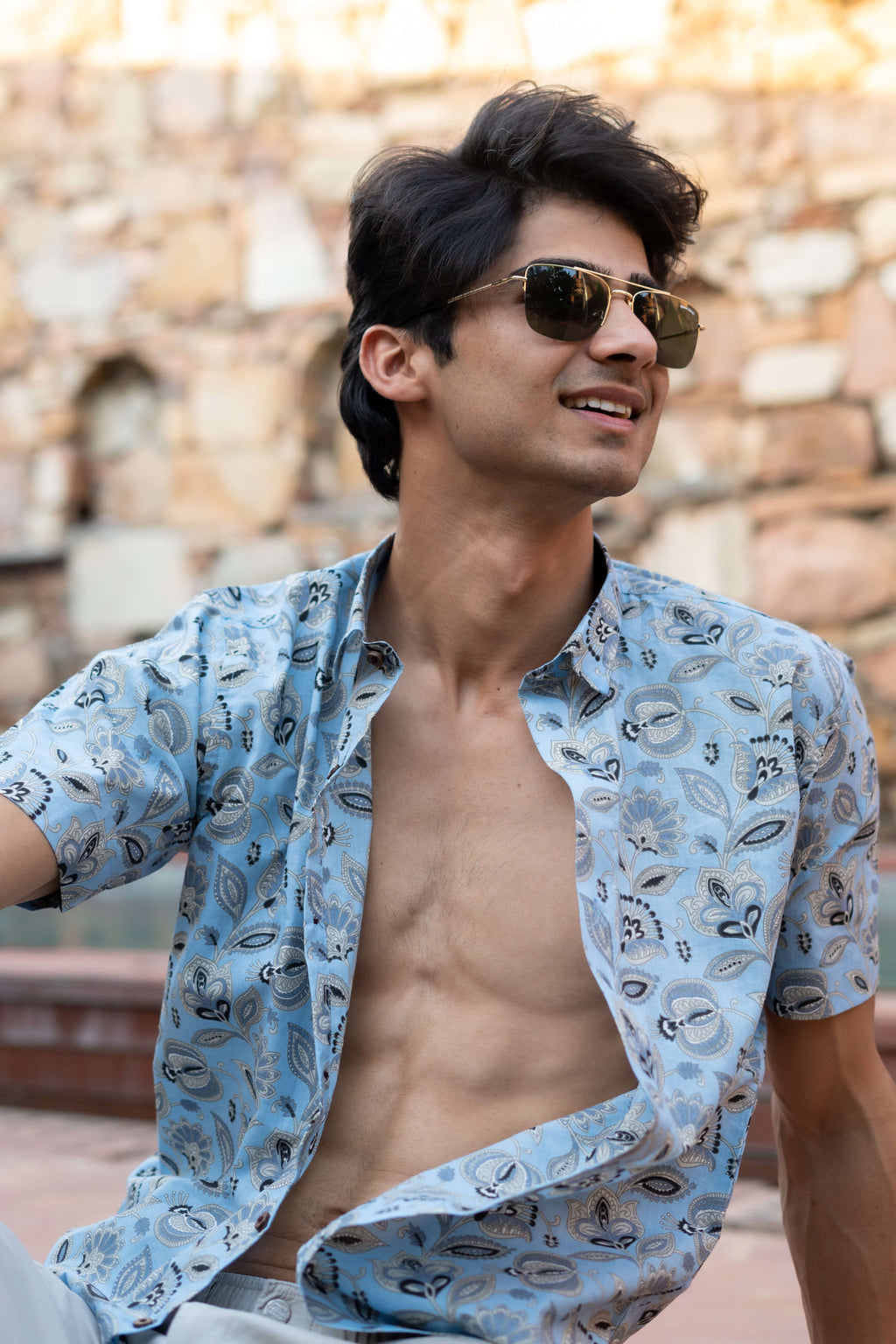 The Sky Blue Half Sleeves Shirt With All-Over Floral Print