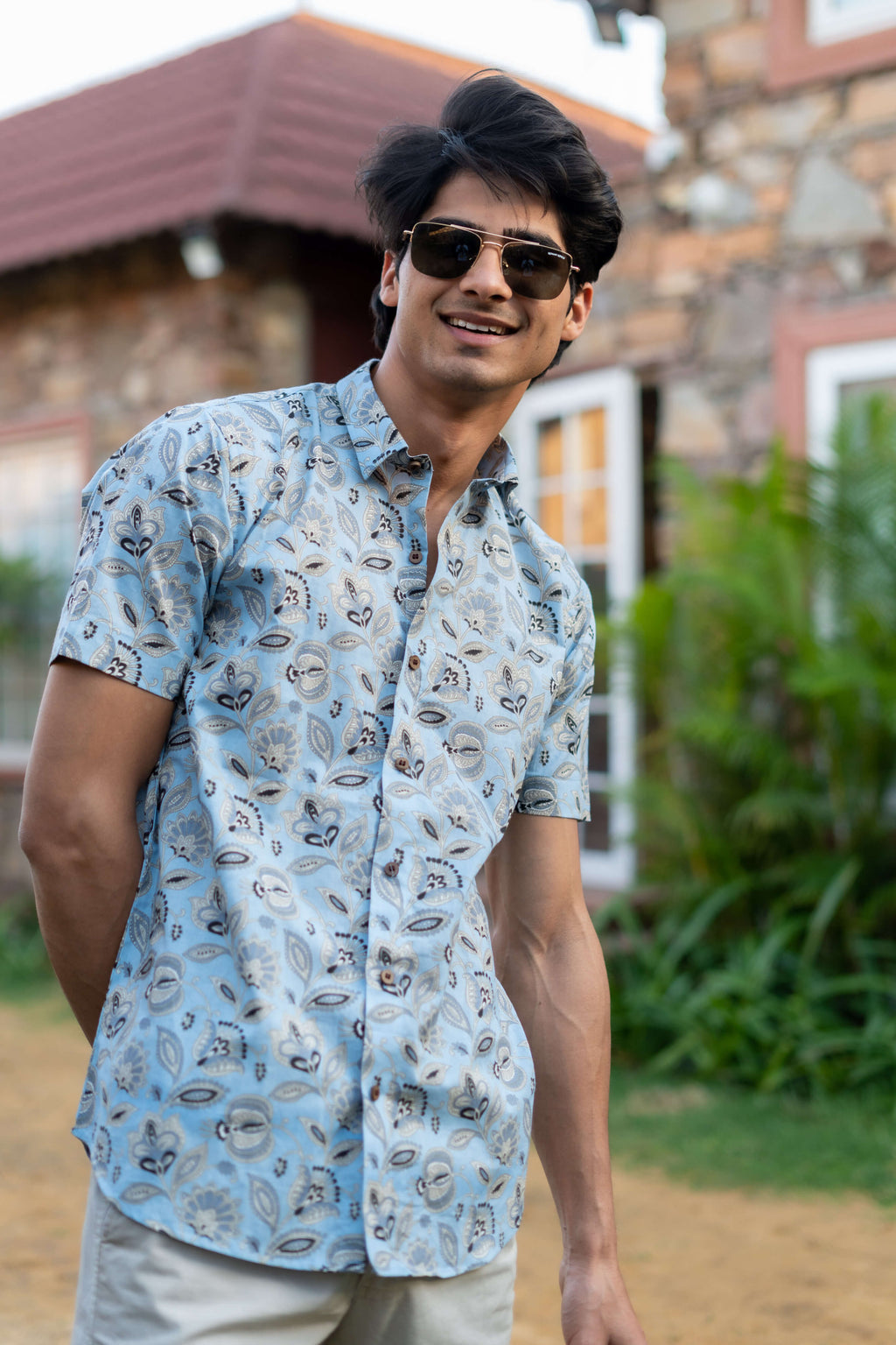 The Sky Blue Half Sleeves Shirt With All-Over Floral Print