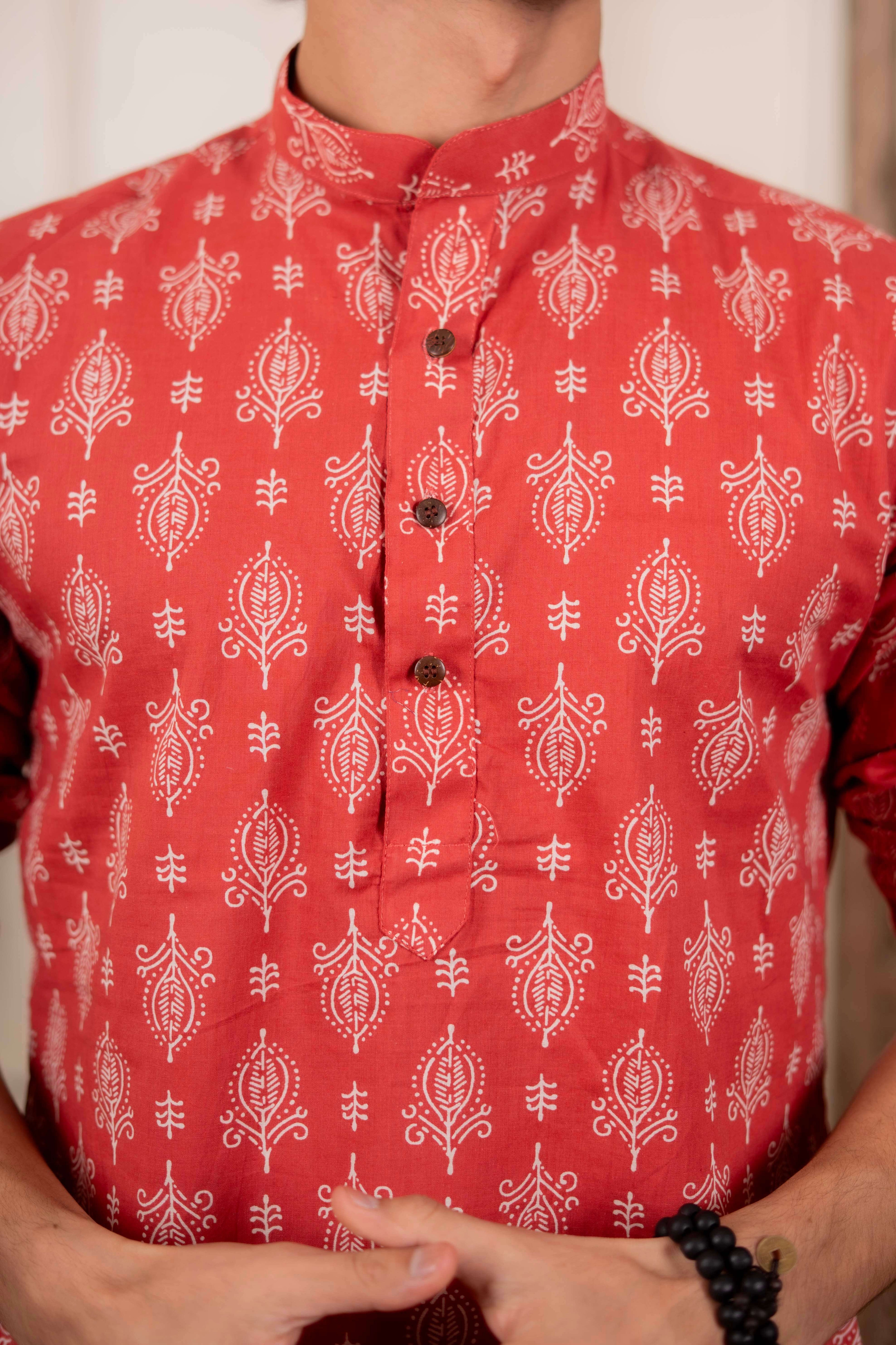 The Wooden Red Short Kurta With Indian Motifs