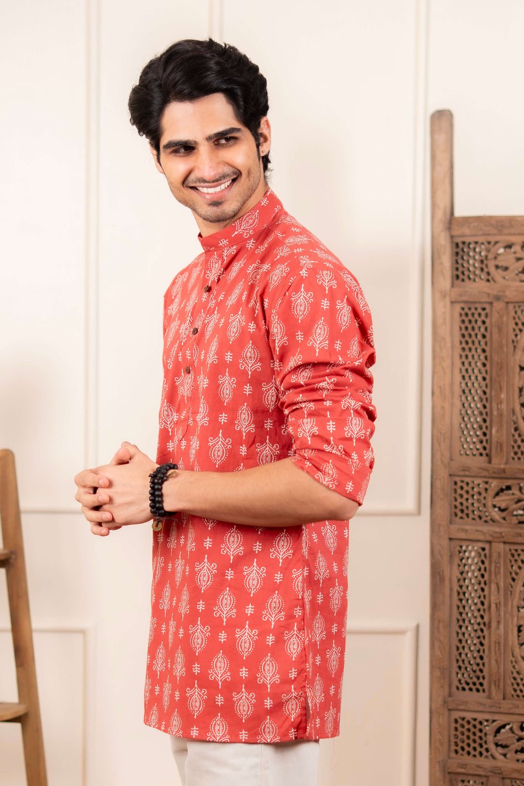 The Wooden Red Short Kurta With Indian Motifs