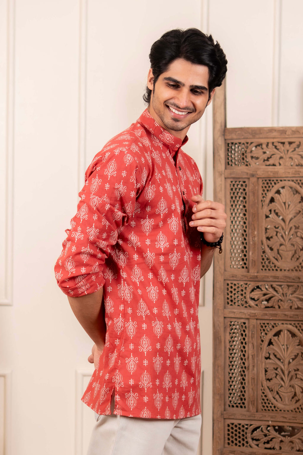The Wooden Red Short Kurta With Indian Motifs