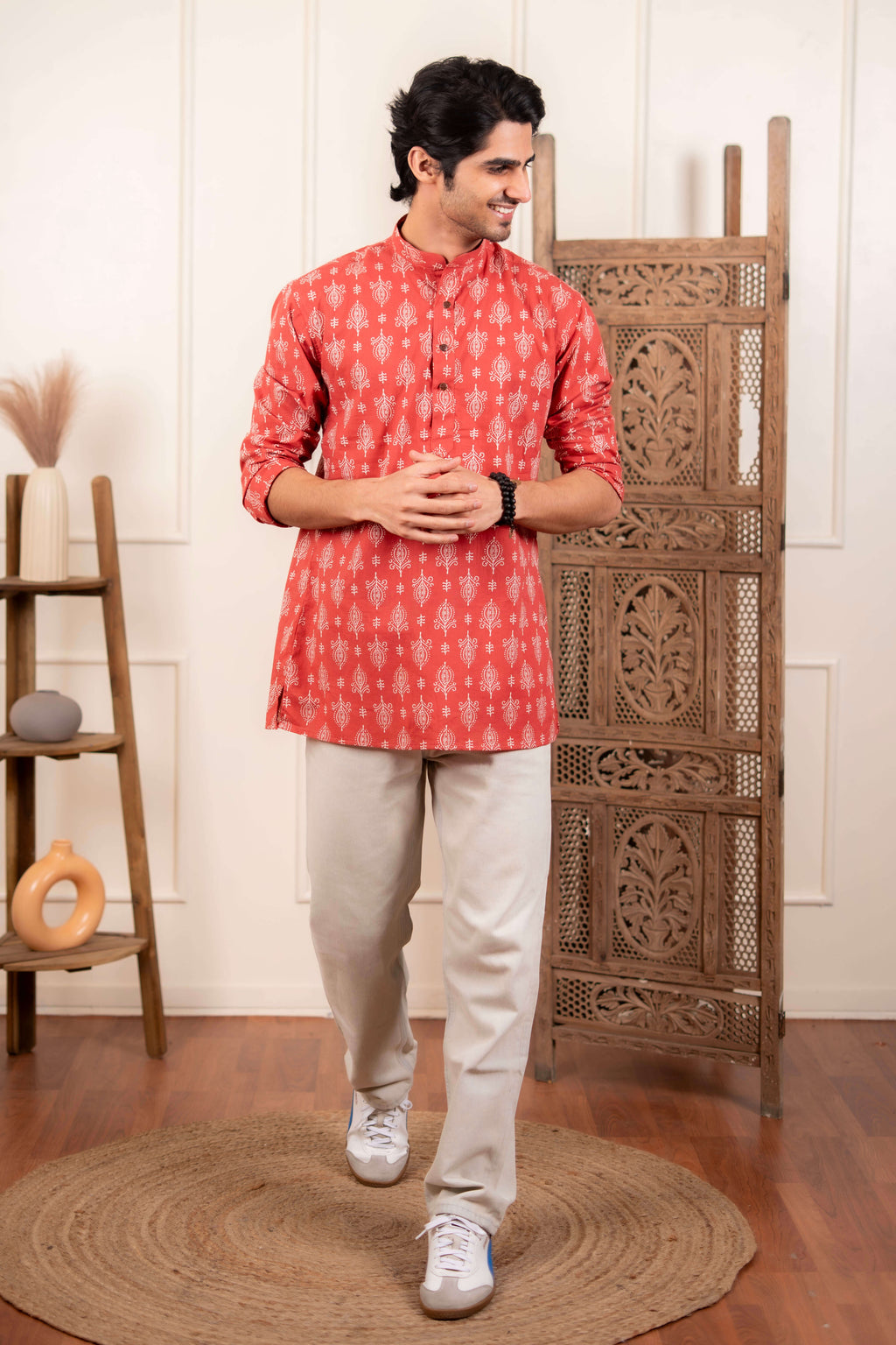 The Wooden Red Short Kurta With Indian Motifs