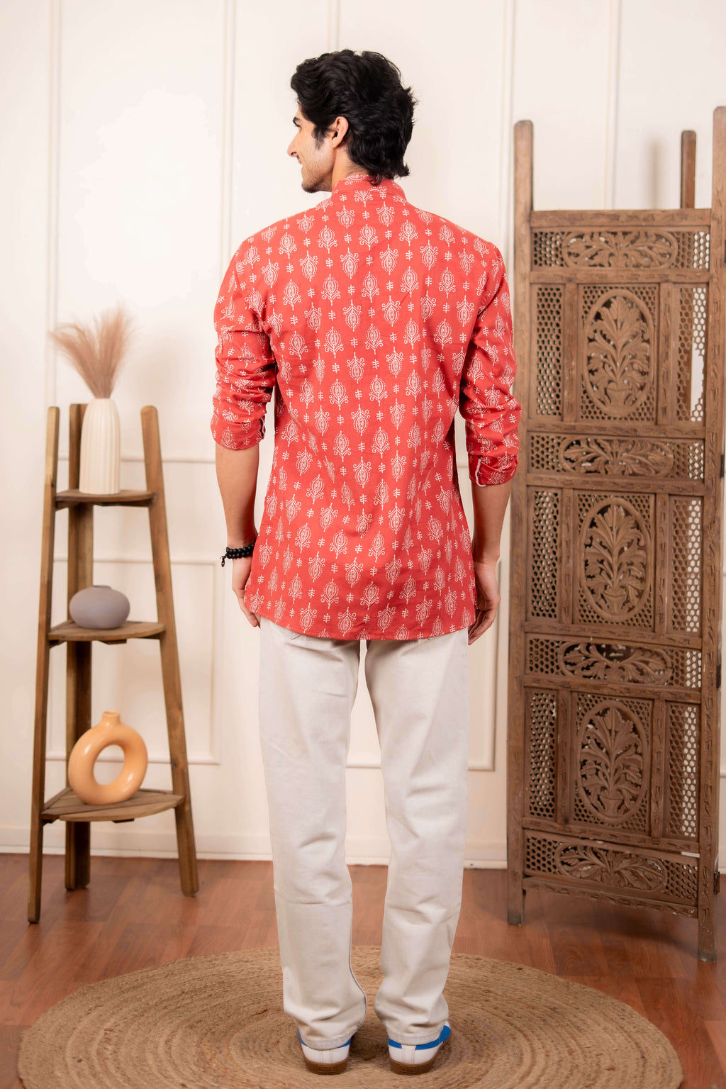 The Wooden Red Short Kurta With Indian Motifs