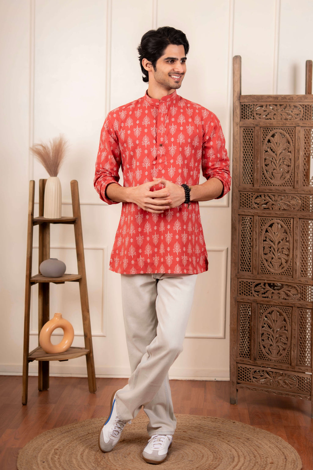 The Wooden Red Short Kurta With Indian Motifs