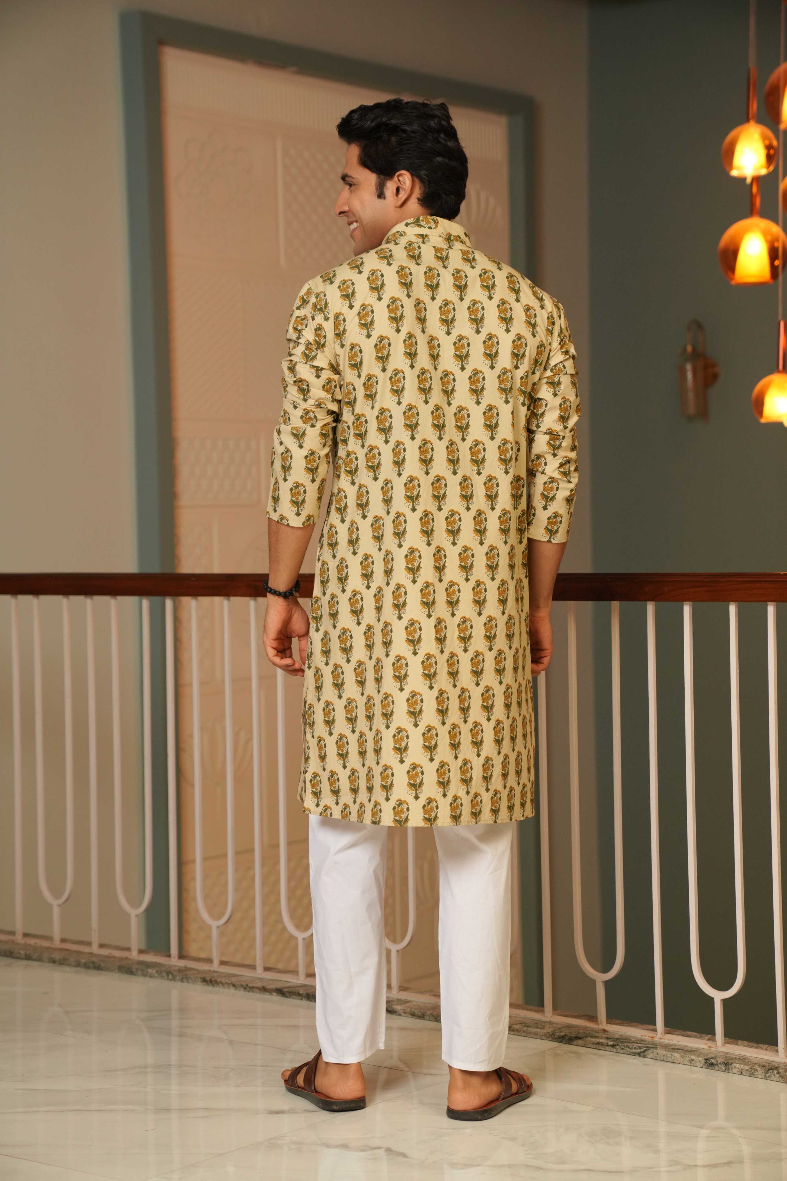 The Beige Color Long Kurta With Mughal Print