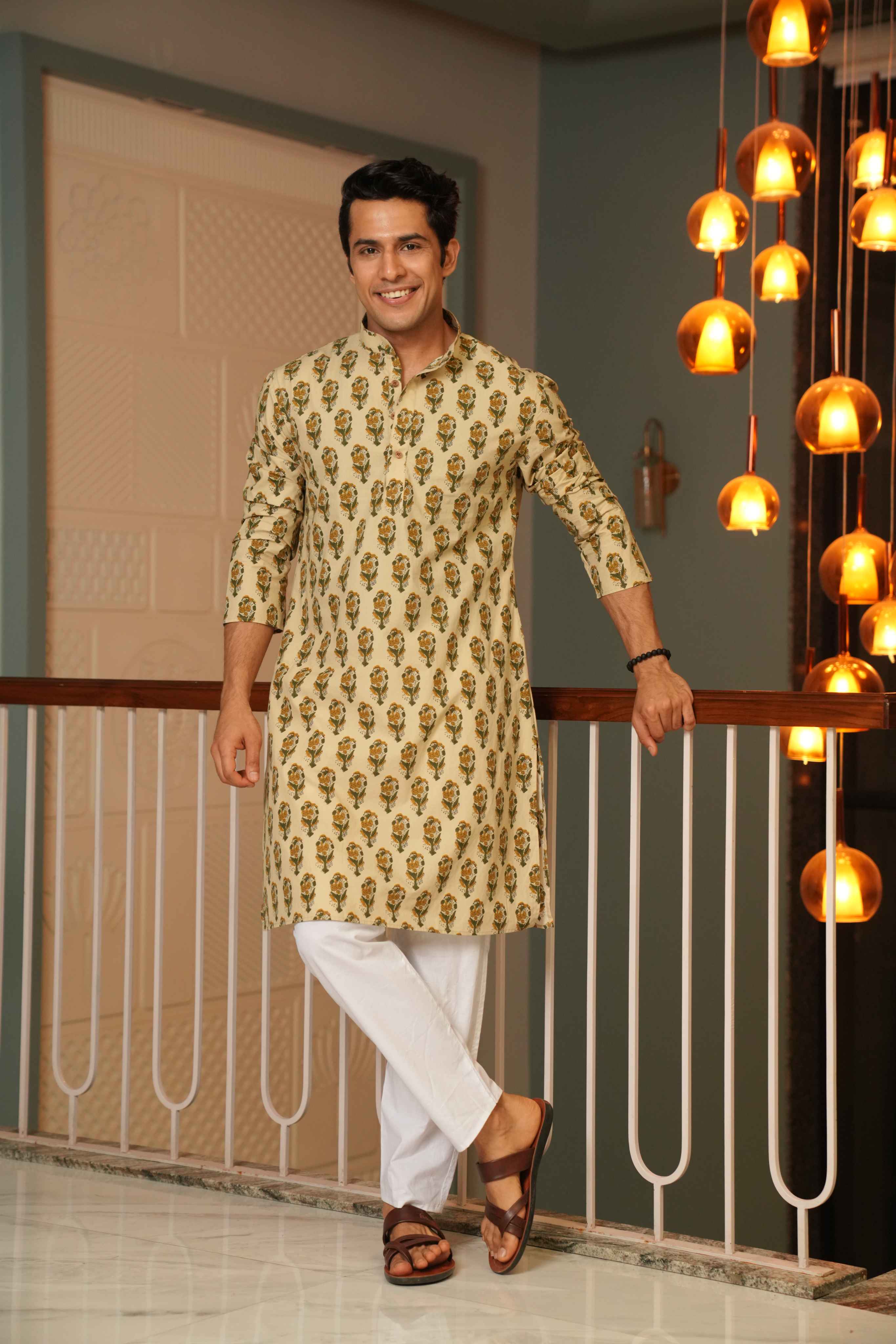 The Beige Color Long Kurta With Mughal Print