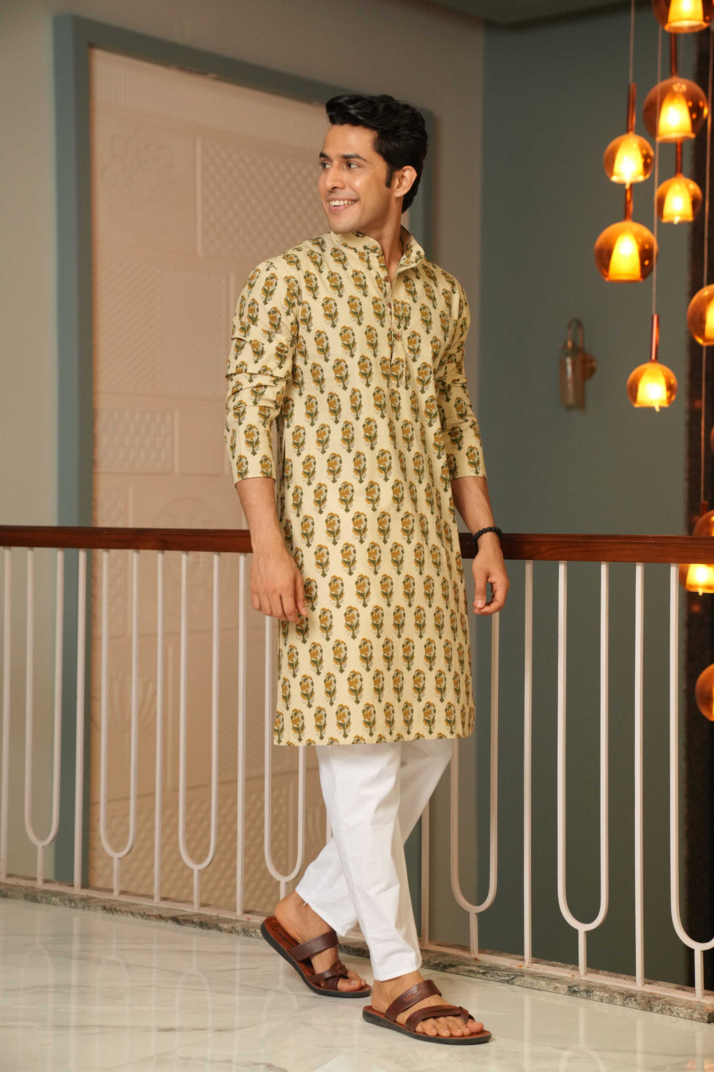 The Beige Color Long Kurta With Mughal Print