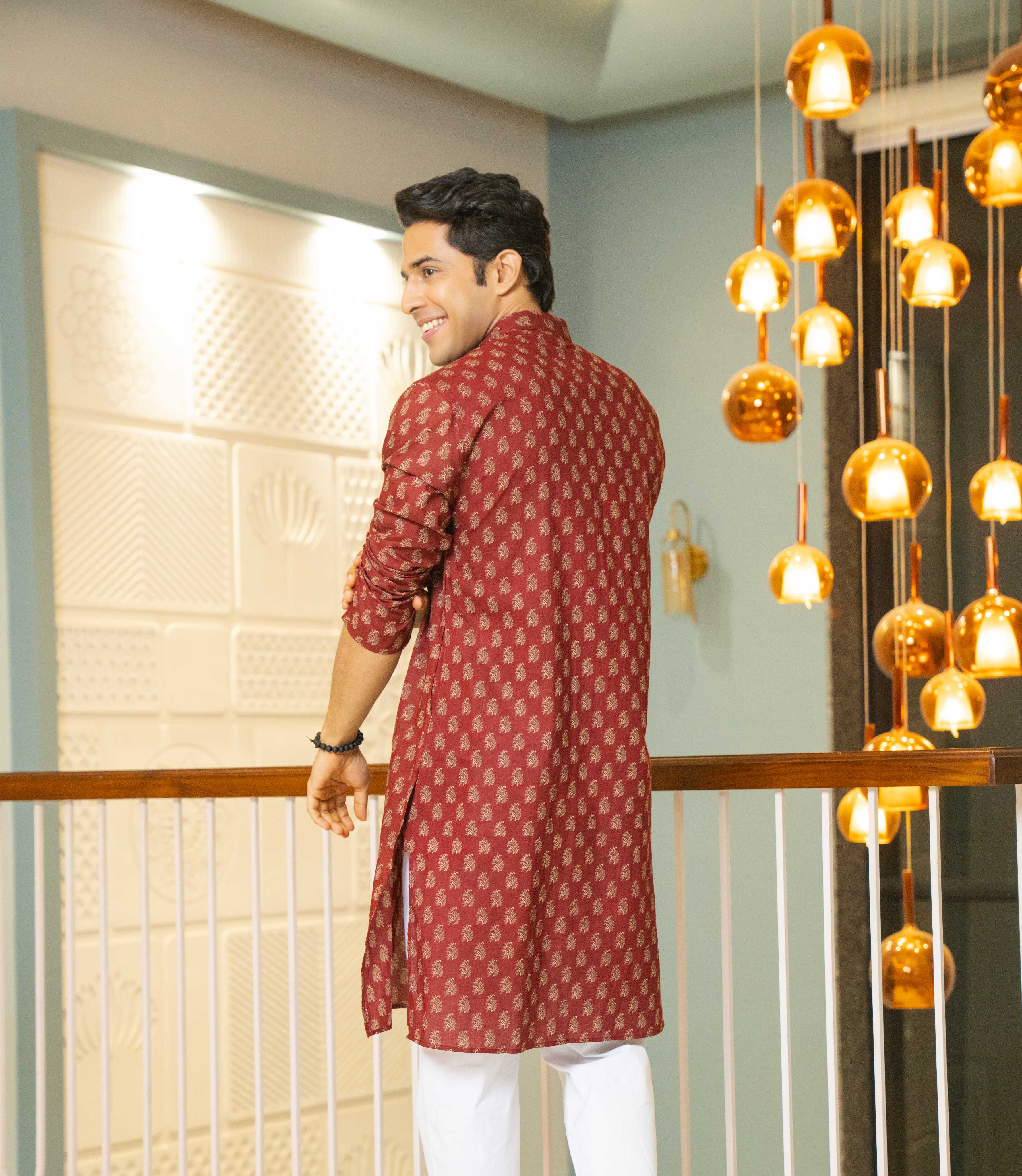 The Autumn Red Long Kurta With Butti Print