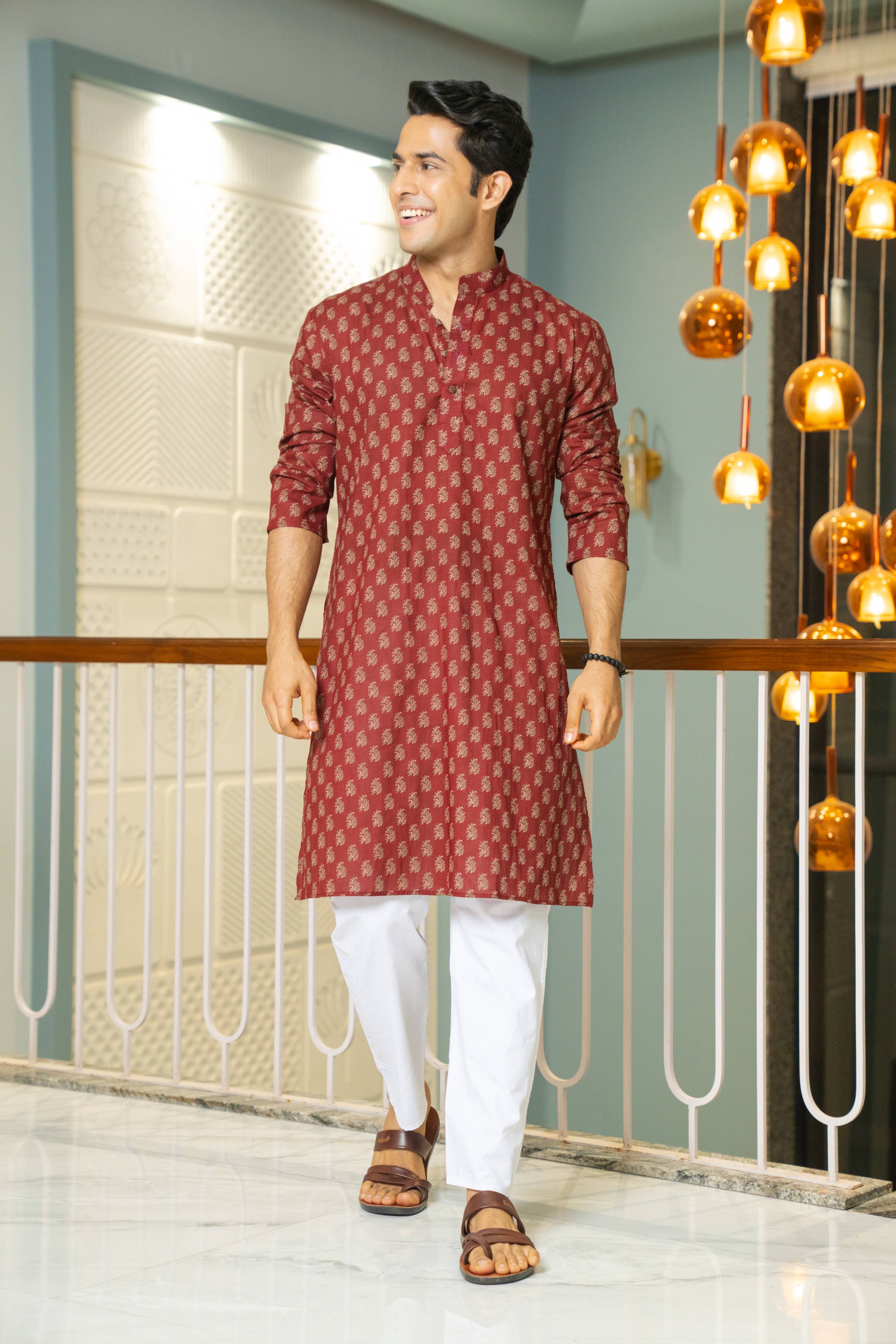 The Autumn Red Long Kurta With Butti Print