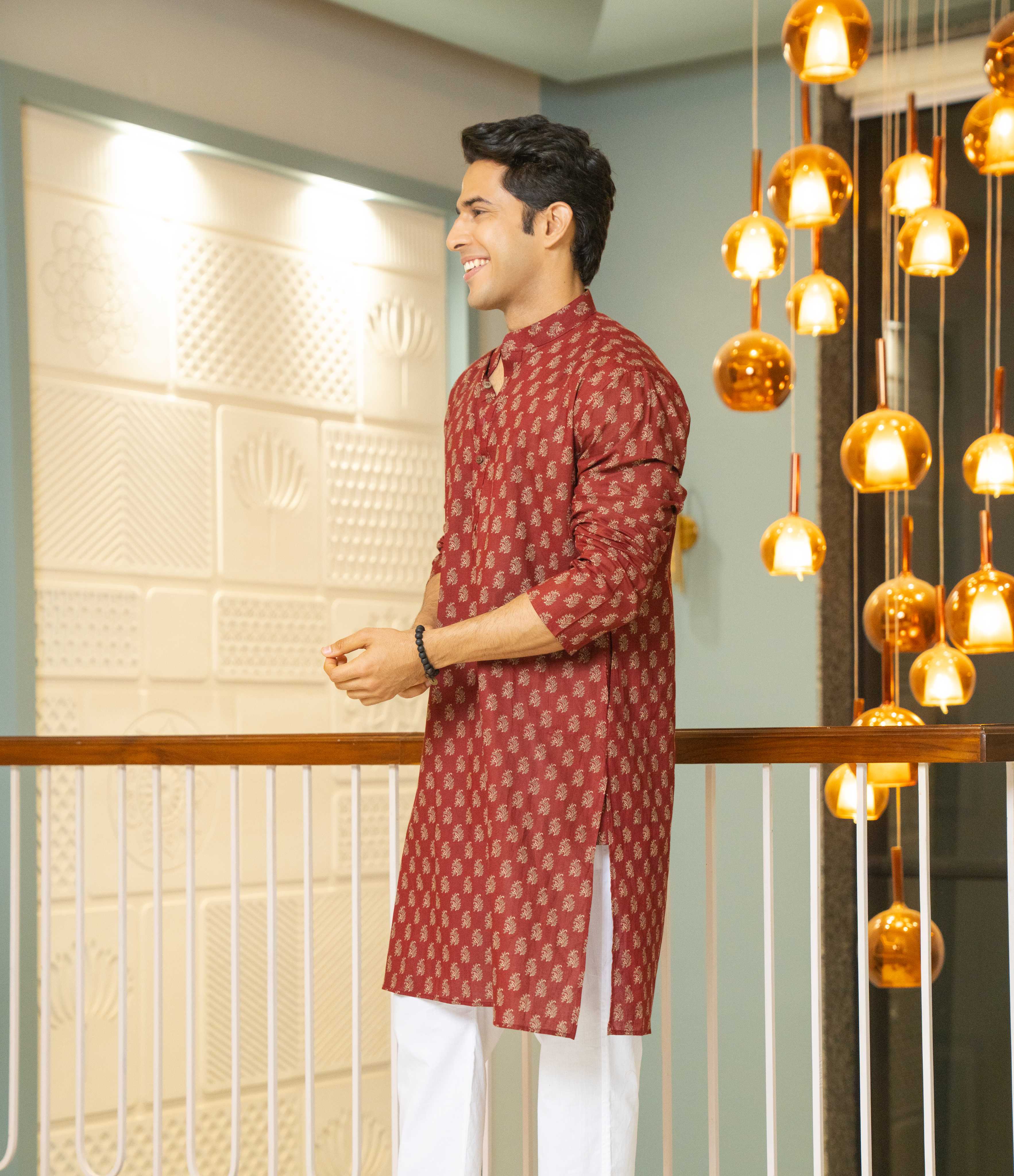 The Autumn Red Long Kurta With Butti Print