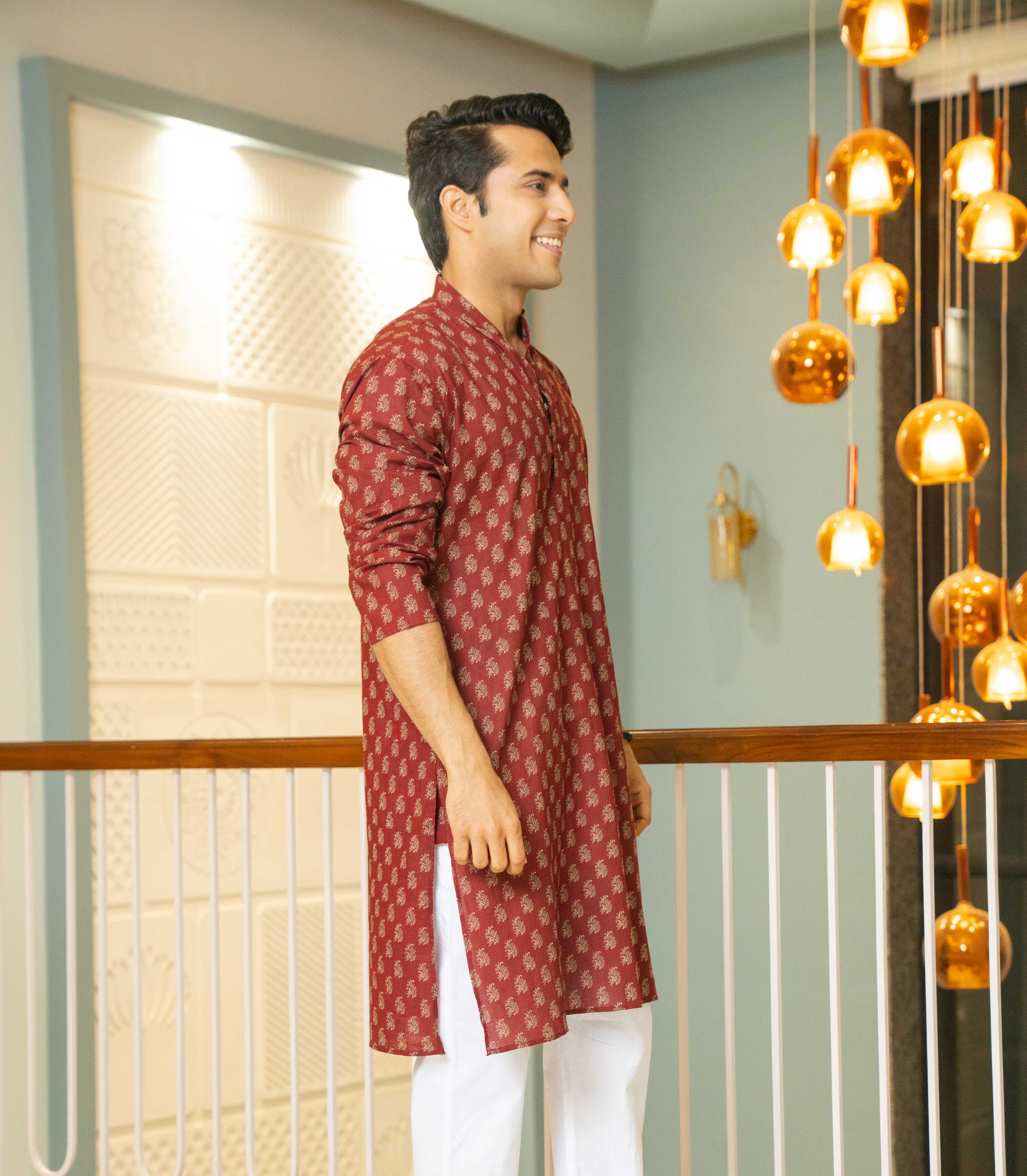 The Autumn Red Long Kurta With Butti Print