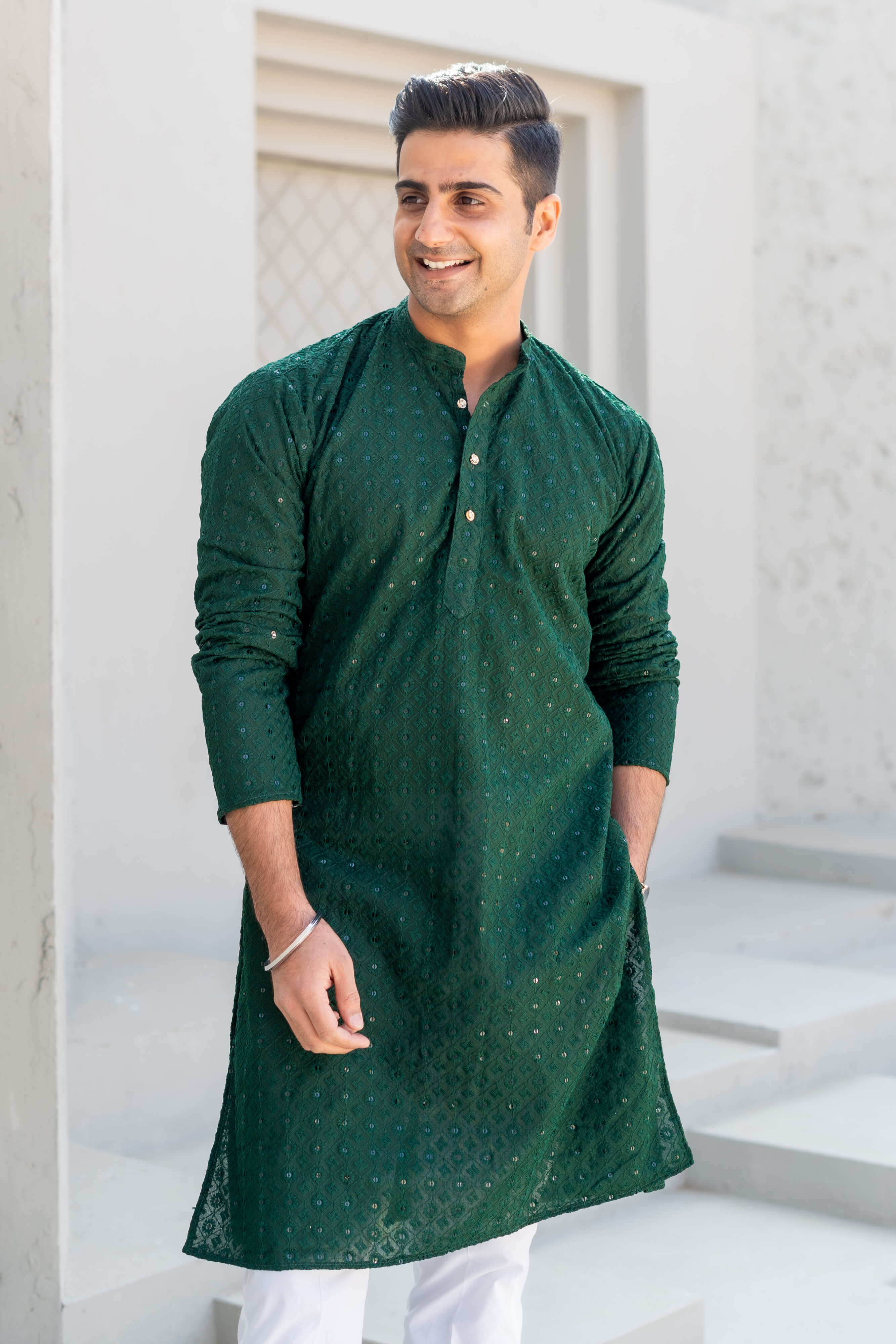 Dark Green Chikankari kurta for men