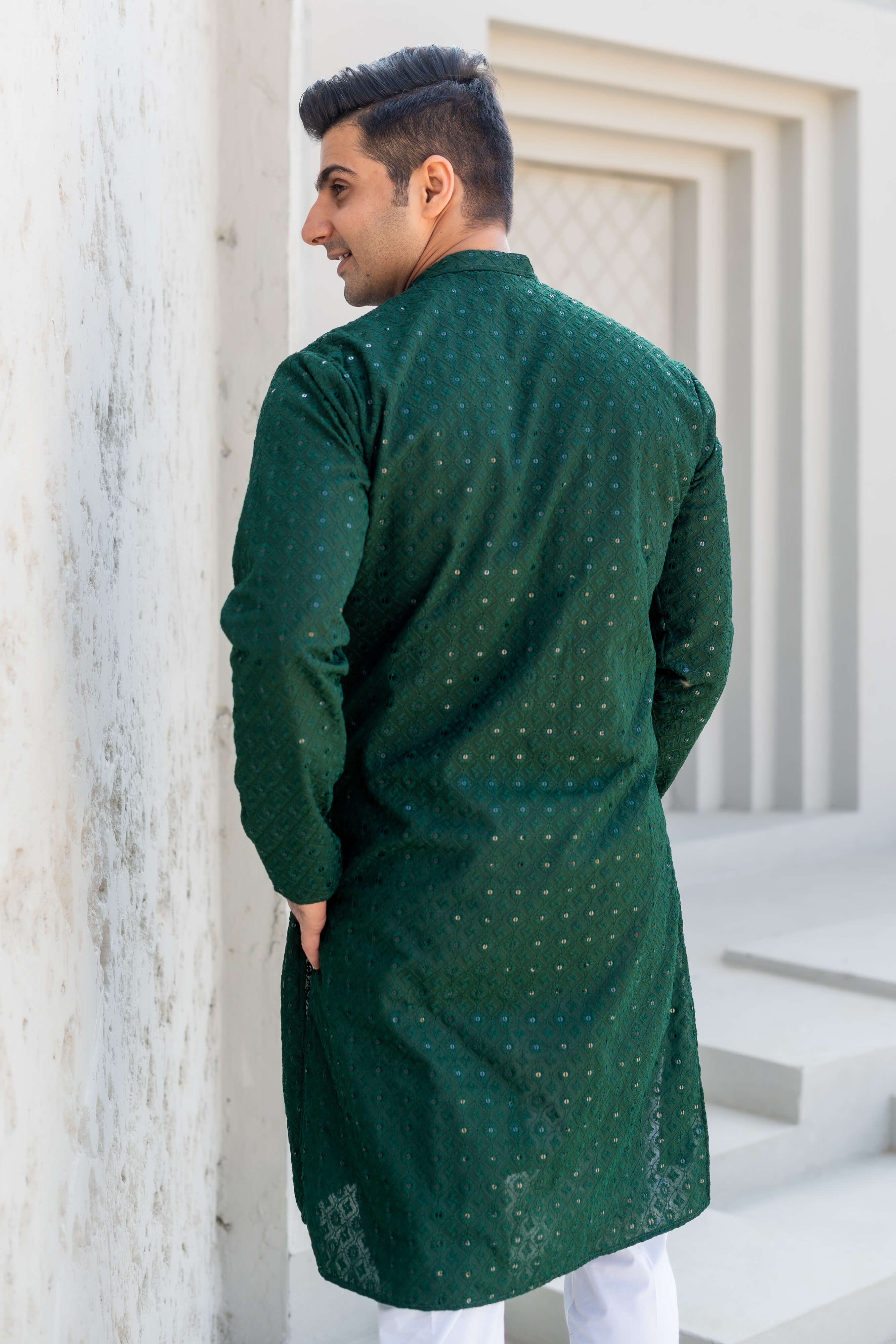 The Dark Green Chikan Kari Long Kurta With Sequins Work
