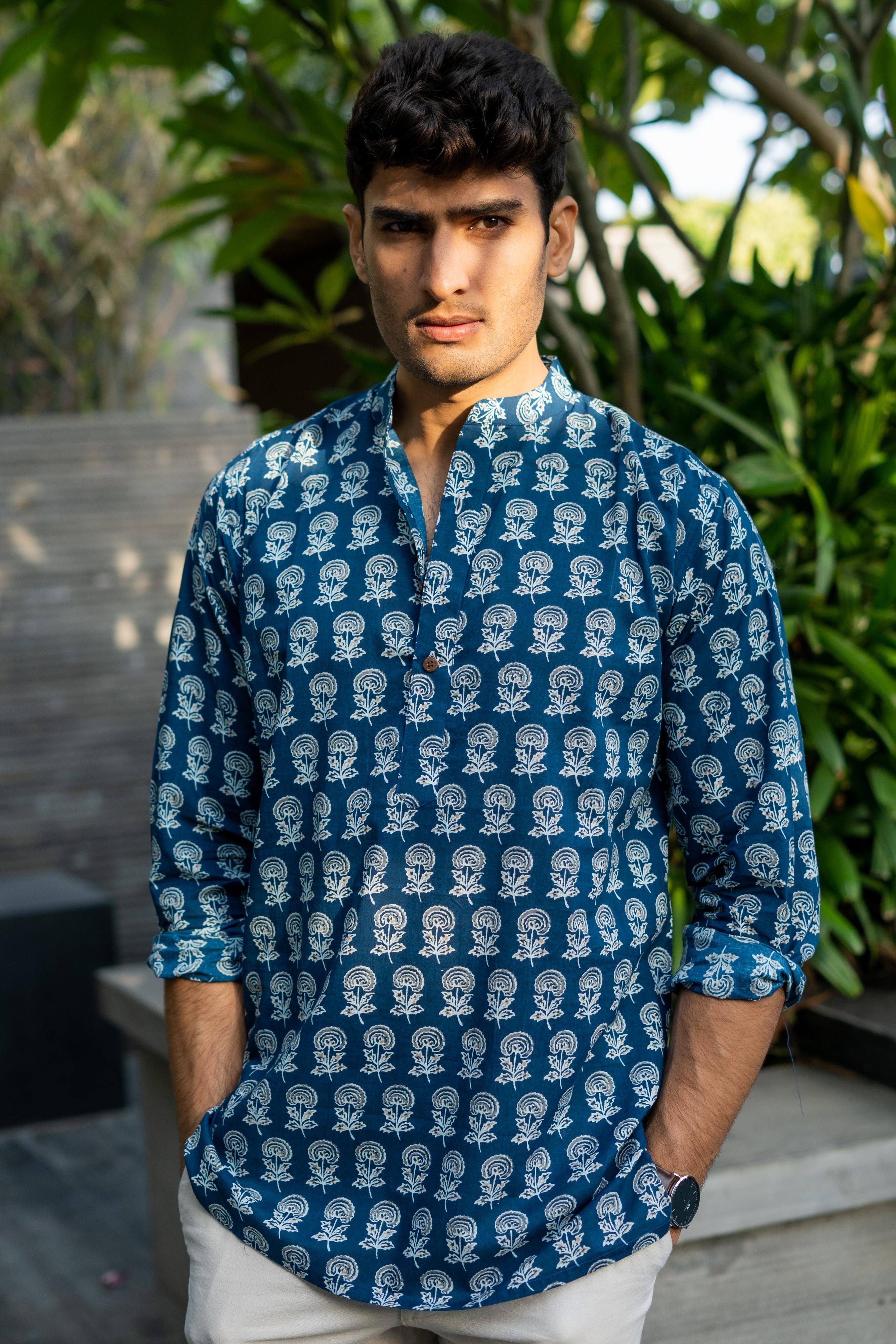 The Agean Blue Short Kurta With Flower Print