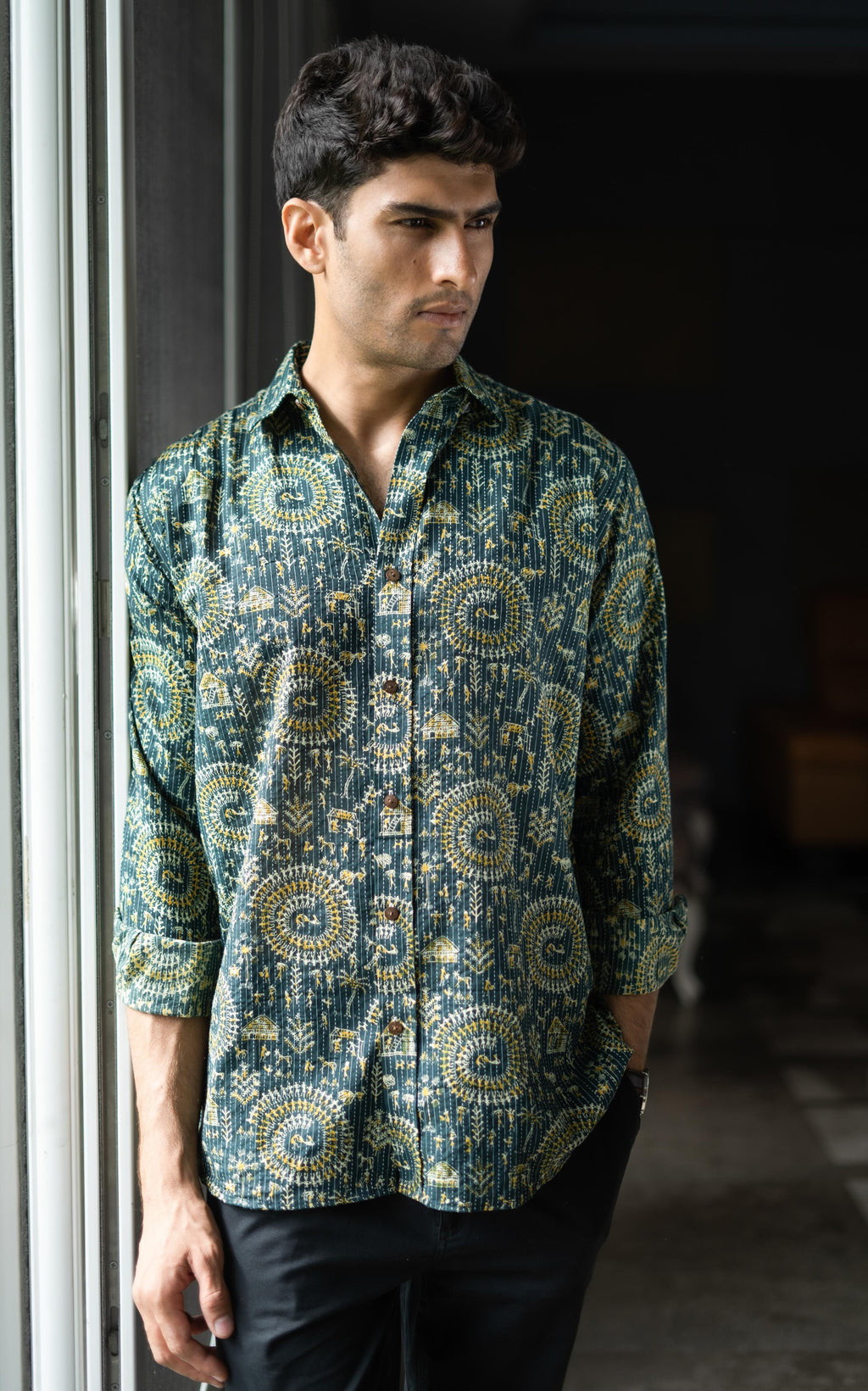 Green Full Sleeves Kantha Work Shirt For Men 