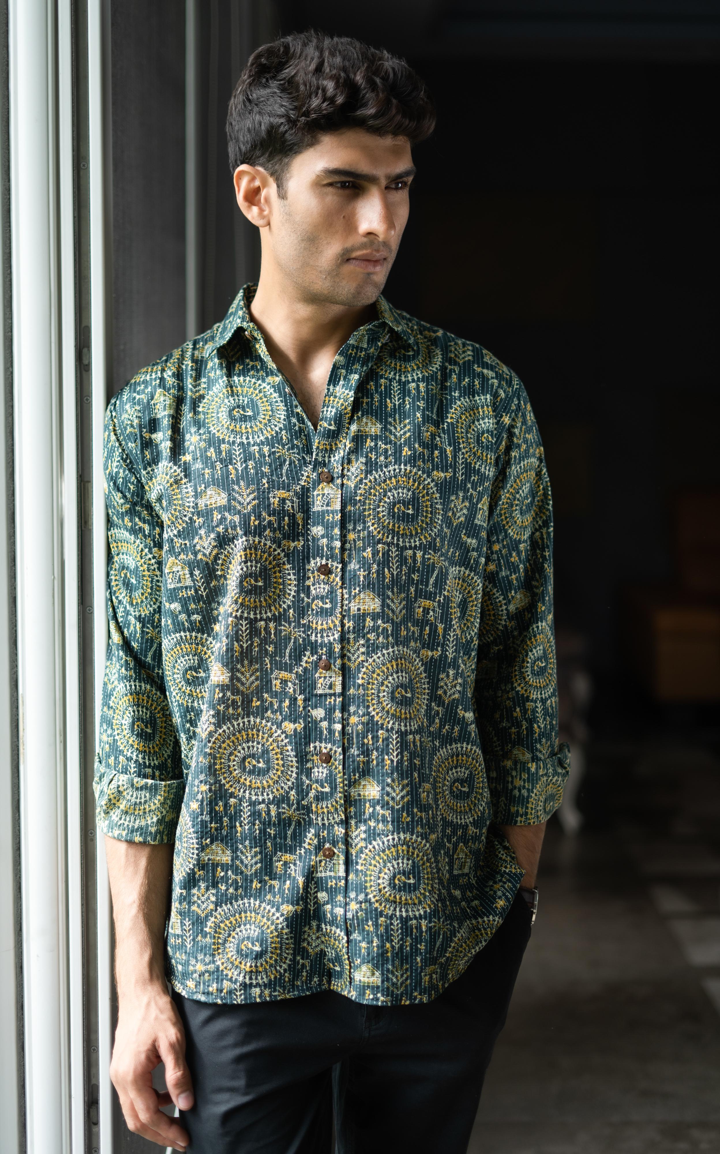 Green Full Sleeves Kantha Work Shirt For Men 