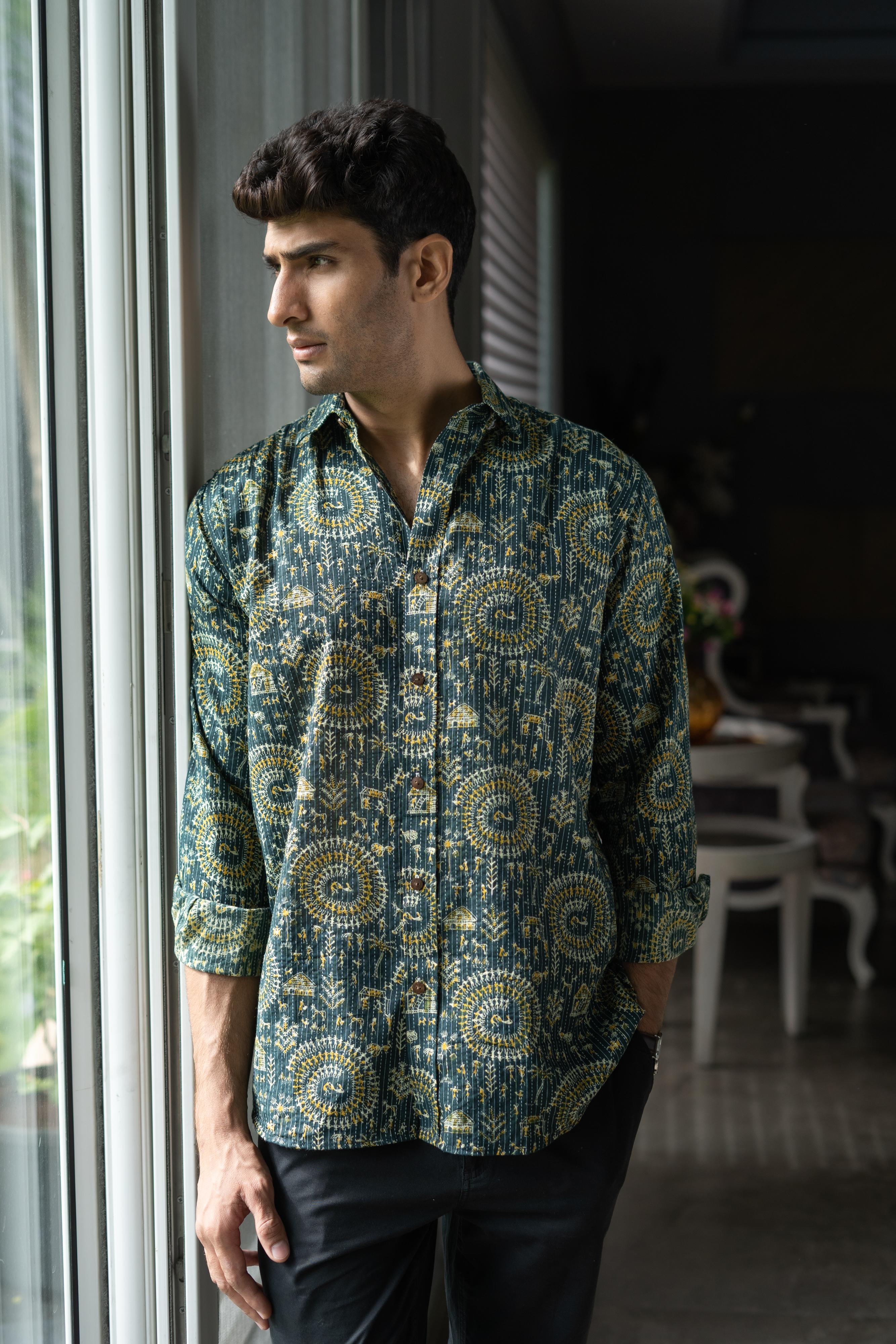 Green Kantha Work Shirt For Men Full Sleeves