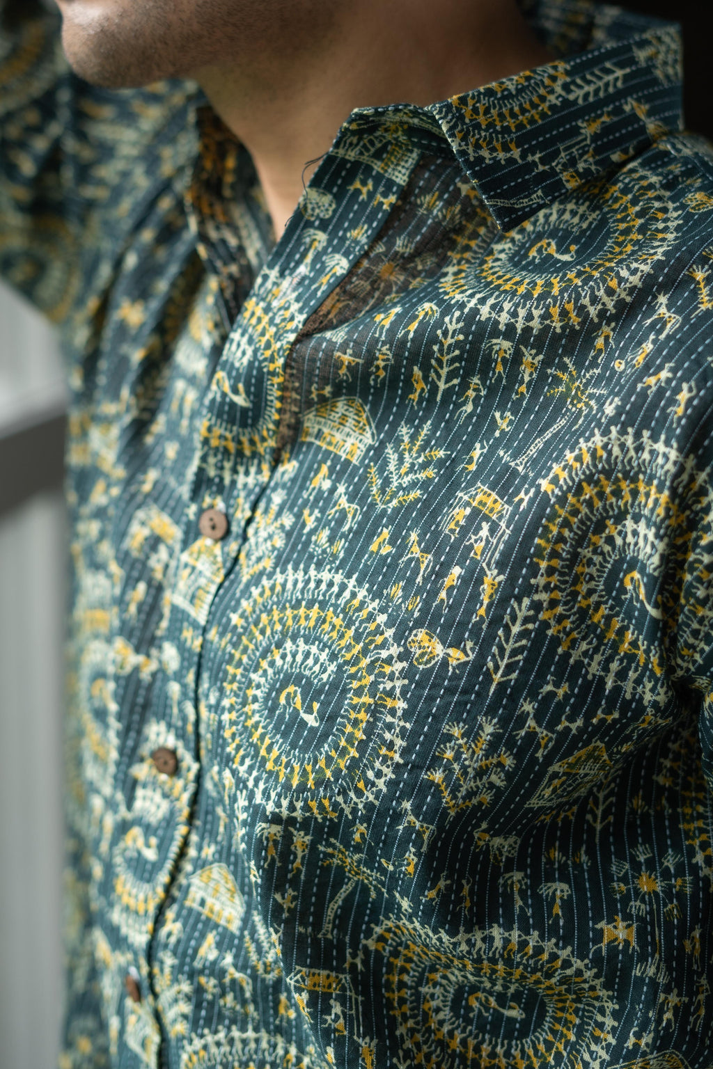 Green Kantha Work Shirt For Men Full Sleeves