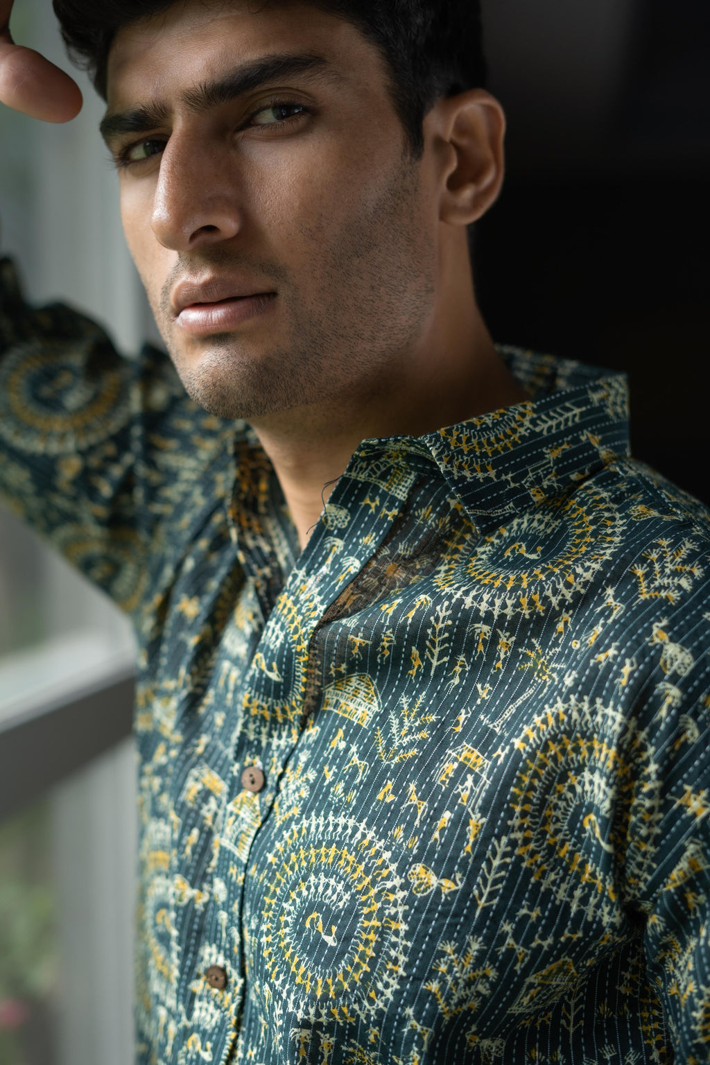 Green Kantha Work Shirt For Men