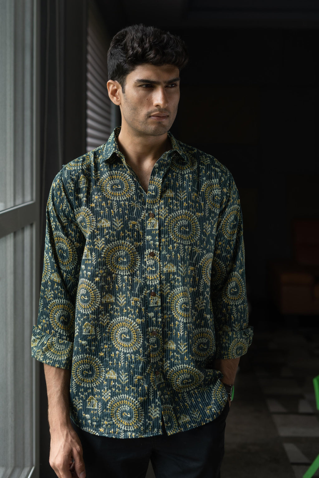 Green Full Sleeves Kantha Work Shirt For Men 