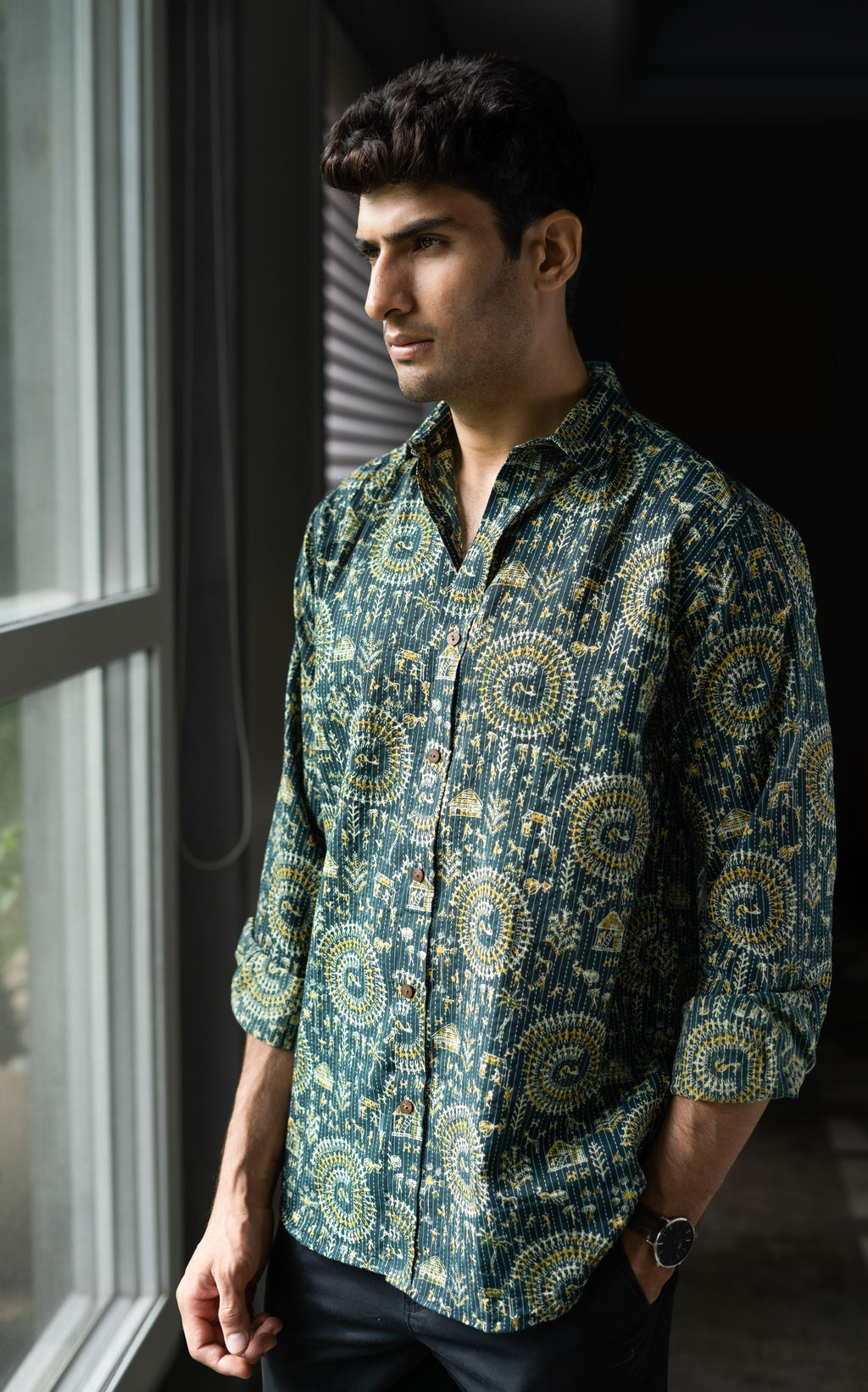 Dark Green Kantha Work Shirt For Men