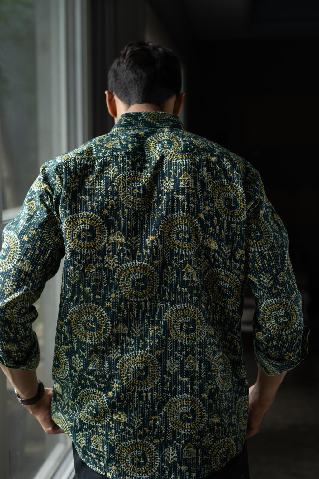 Green Kantha Work Shirt For Men